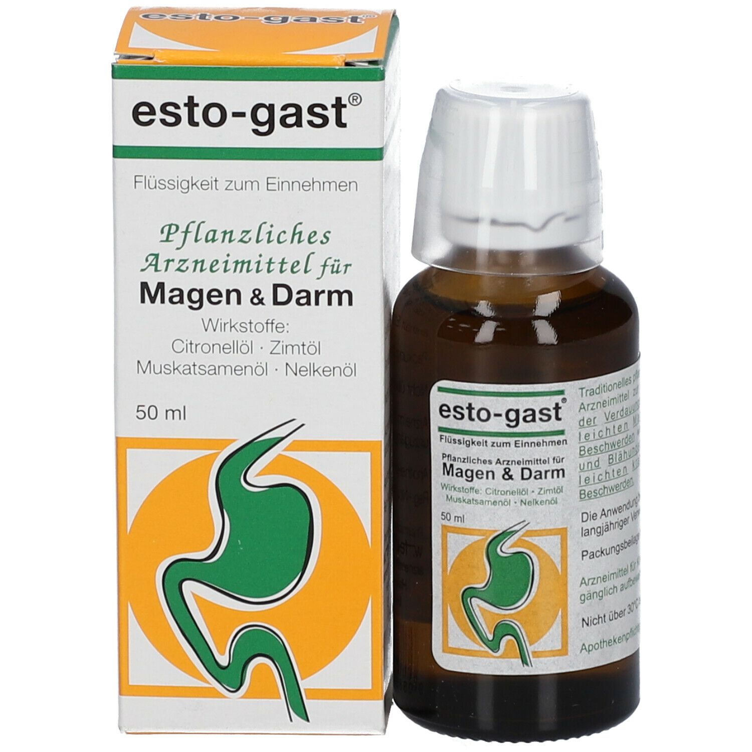 Produktverpackung mit Flasche. Aufschrift: esto-gast®, Flüssigkeit für Magen & Darm. 50 ml.