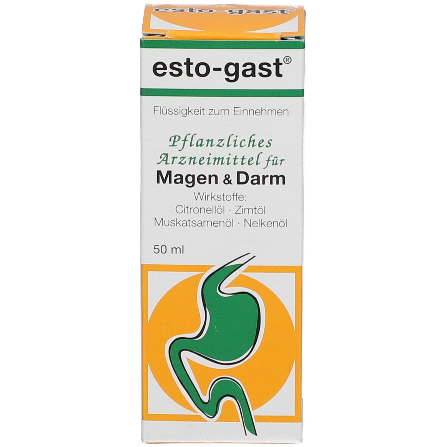 Produktverpackung. Aufschrift: esto-gast®, Flüssigkeit für Magen & Darm. 50 ml.