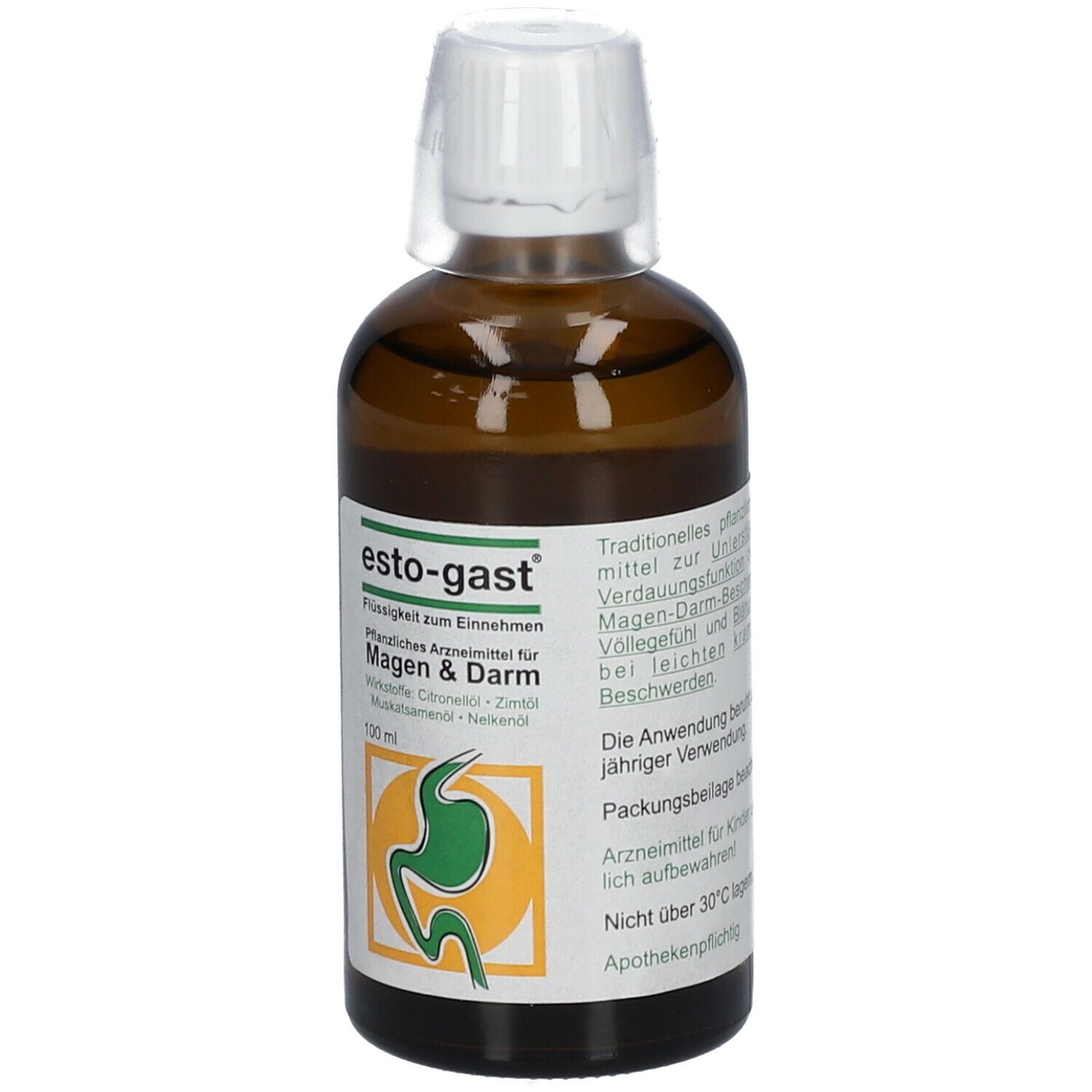 Braune Flasche esto-gast®. Vorderseite mit Etikett. Enthält Logo, Produktname und Informationen.
