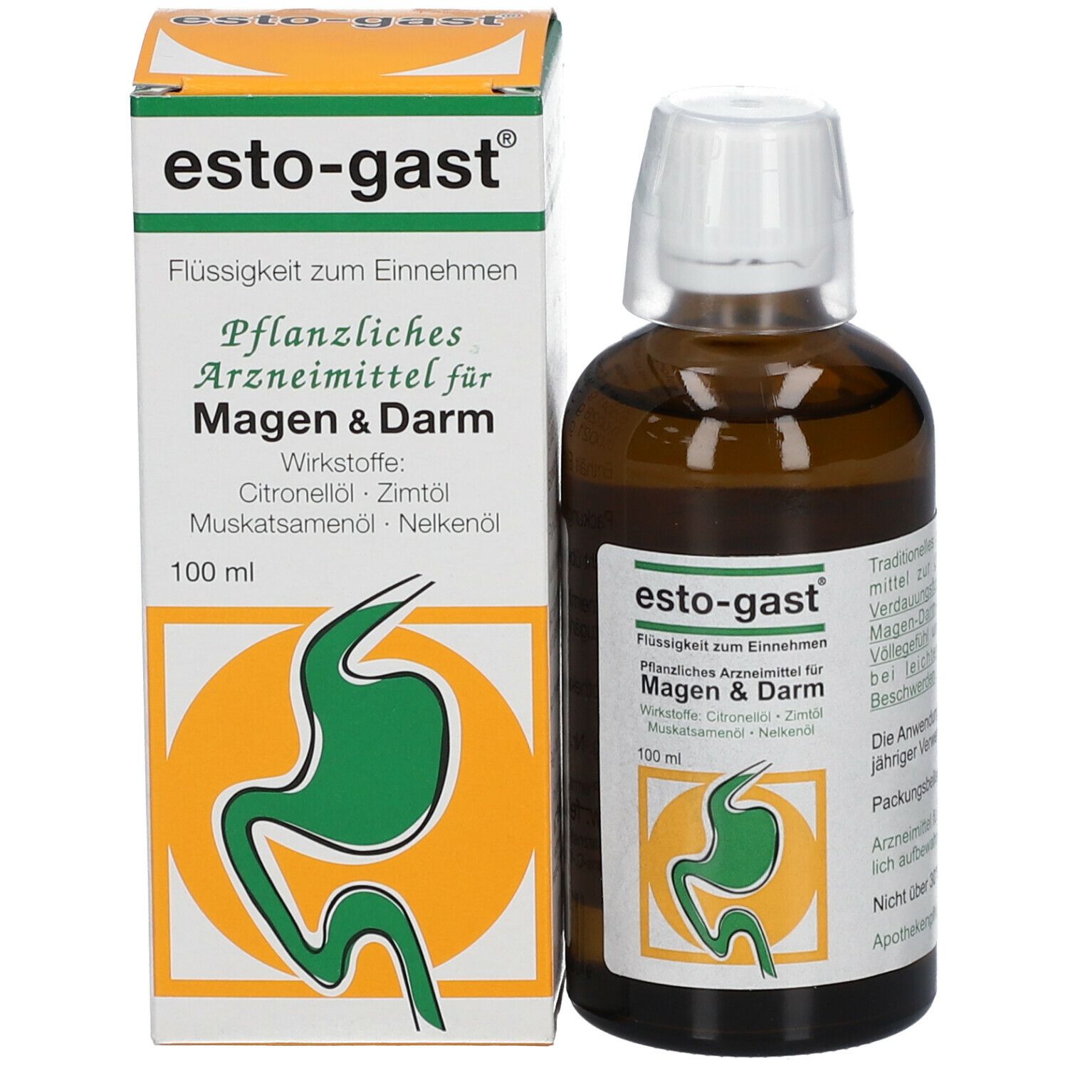 esto-gast® Flasche und Verpackung. Braune Flasche mit gelb-grüner Verpackung. Produktname und Logo.