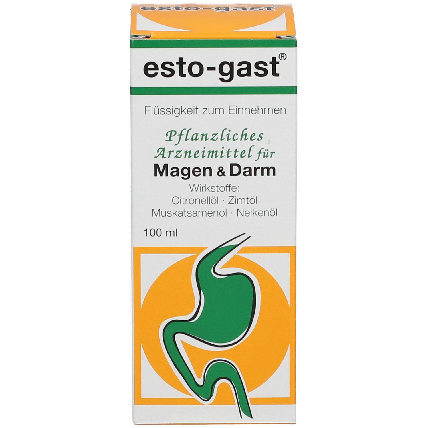 esto-gast® Verpackung. Gelb-grüne Verpackung mit Produktname, Logo und Informationen.