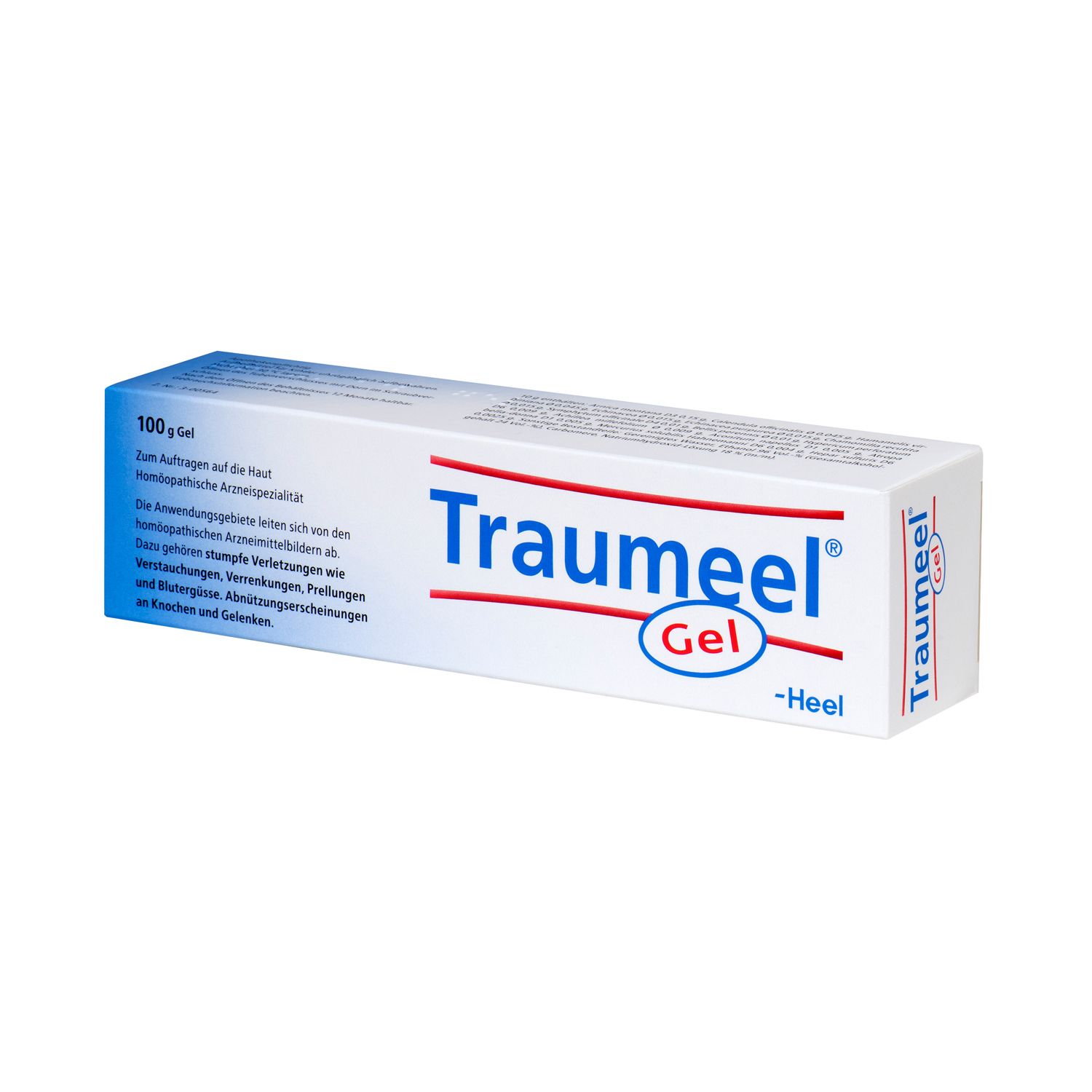 Traumeel Gel-Packung. Weiße Schachtel mit blauer und roter Schrift. 100g Gel.
