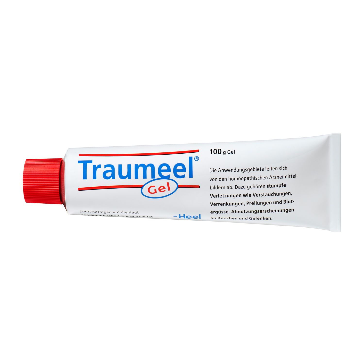 Traumeel Gel-Tube. Weiße Tube mit roter Kappe. Rote und blaue Schrift. 100g Gel.