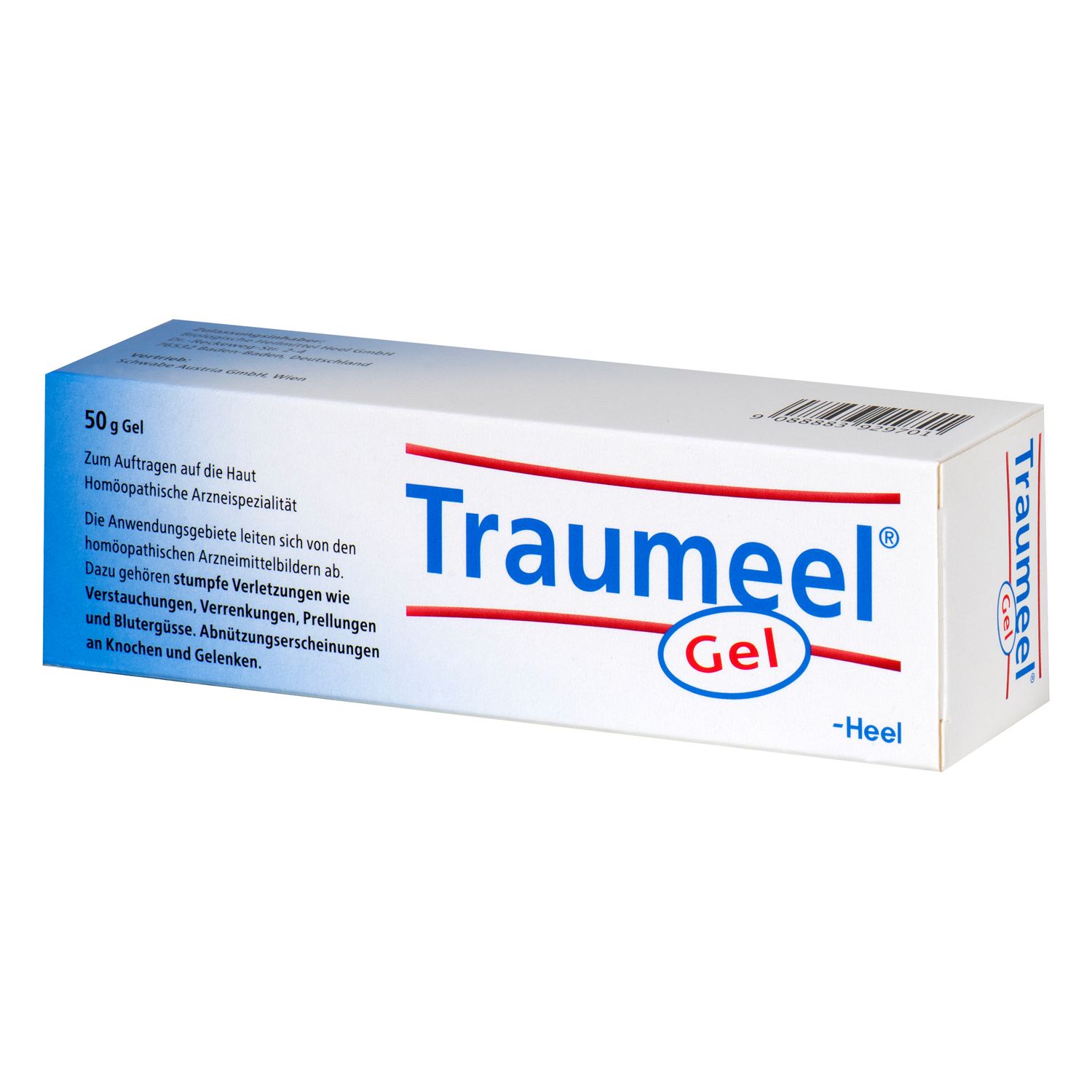 Traumeel Gel-Packung. Weiße Schachtel mit blauem Akzent. Produktname und Logo deutlich sichtbar.