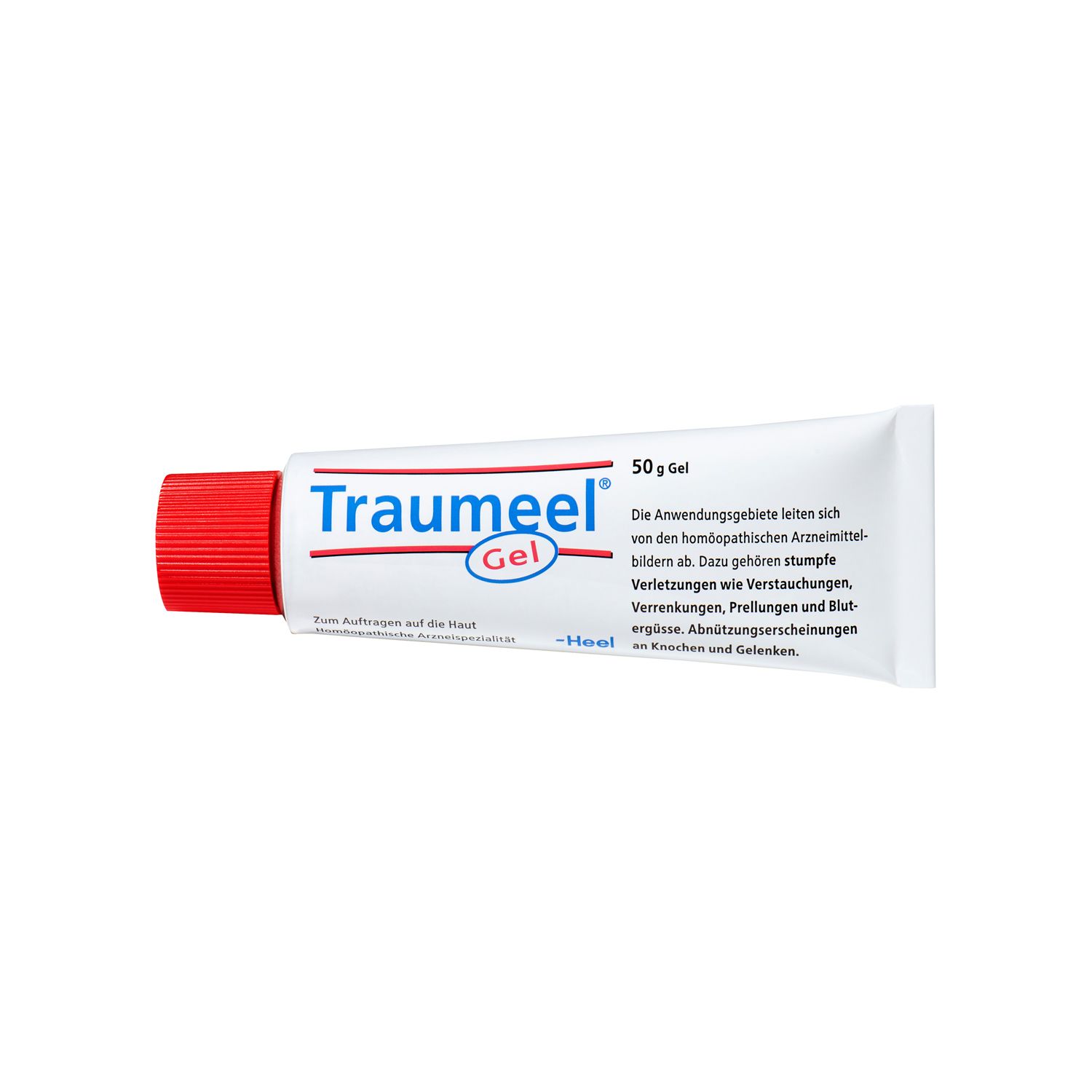 Traumeel Gel-Tube. Weiße Tube mit roter Kappe. Produktname und Logo deutlich sichtbar.
