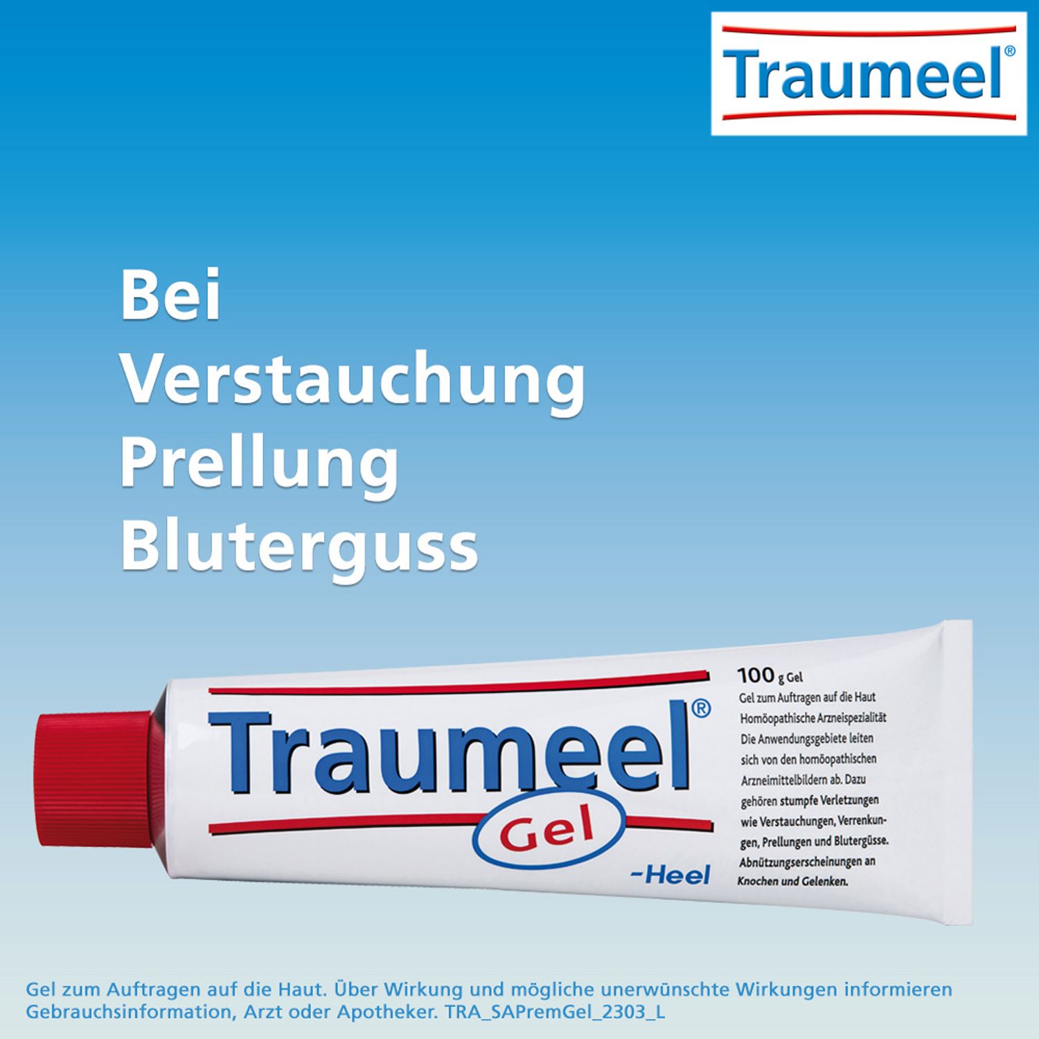 Traumeel Gel-Tube und Text auf blauem Hintergrund. Rote Kappe. Produktname und Logo sichtbar.