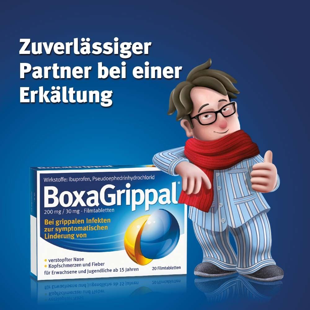Werbung mit BoxaGrippal®-Packung. Mann mit rotem Schal und Pyjama. Text: Zuverlässiger Partner bei einer Erkältung.