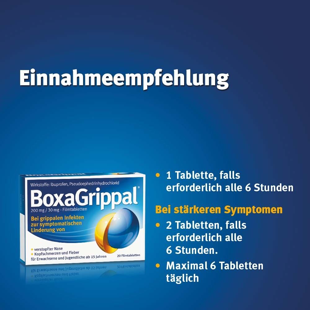 Einnahmeempfehlung für BoxaGrippal®. 1 Tablette alle 6 Stunden, bei stärkeren Symptomen 2 Tabletten, maximal 6 Tabletten täglich.