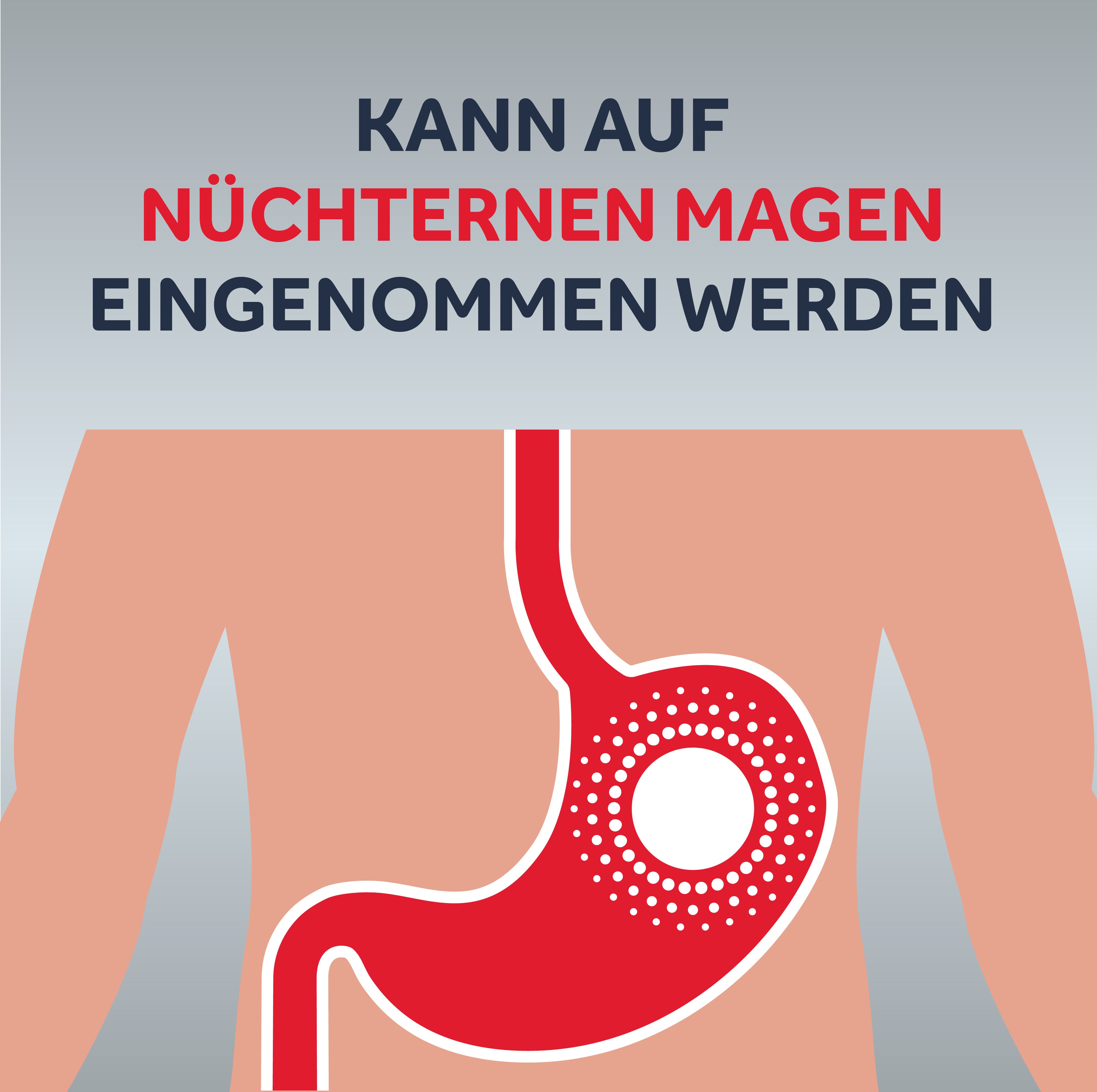 Text: KANN AUF NÜCHTERNEN MAGEN. Illustration eines Magens. Roter Magen mit weißen Punkten.