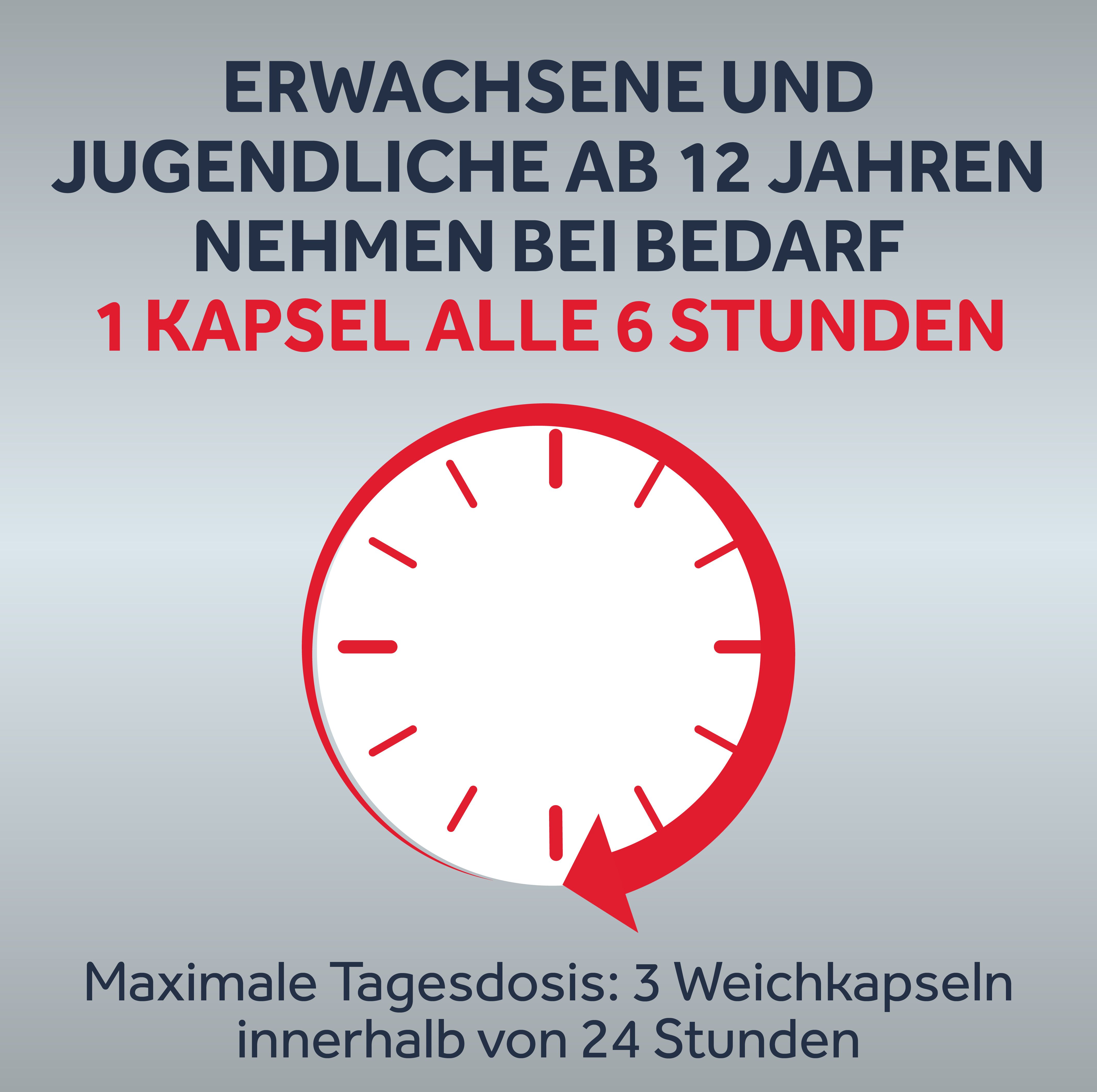 Text: ERWACHSENE UND JUGENDLICHE AB 12 JAHREN: 1 Kapsel alle 6 Stunden. Uhr-Illustration.