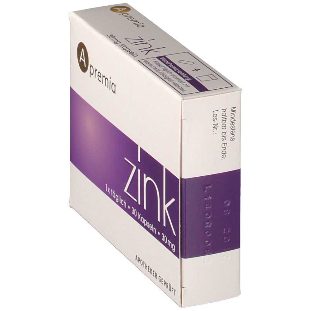 Weiße Schachtel mit lila Streifen und Aufschrift 'Apremia Zink Kapseln'. Enthält 30 Kapseln. Apotheker geprüft.