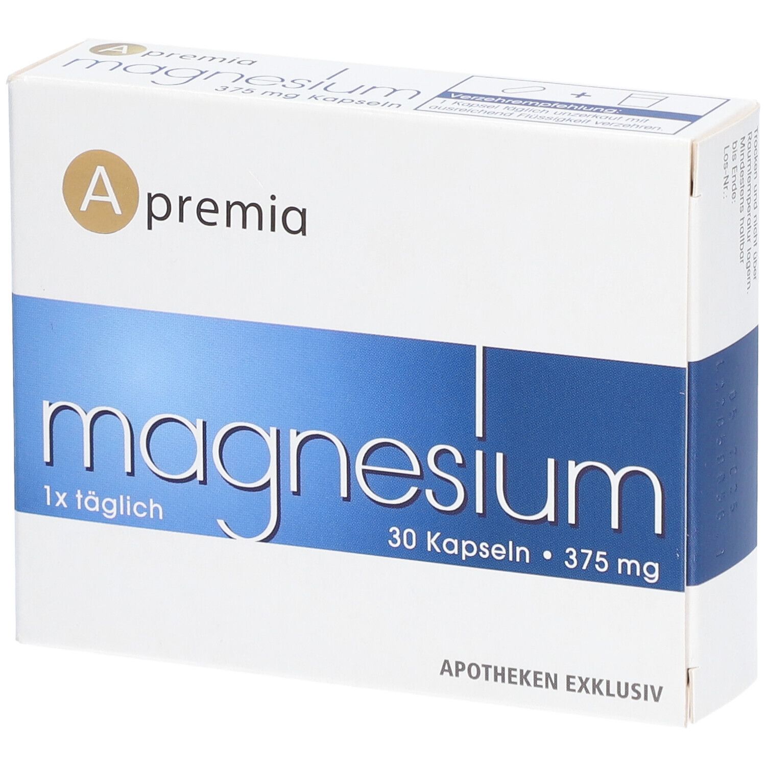 Schachtel mit Apremia Magnesium Kapseln. Blaue und weiße Verpackung. Aufschrift: Magnesium, 30 Kapseln, 375 mg.