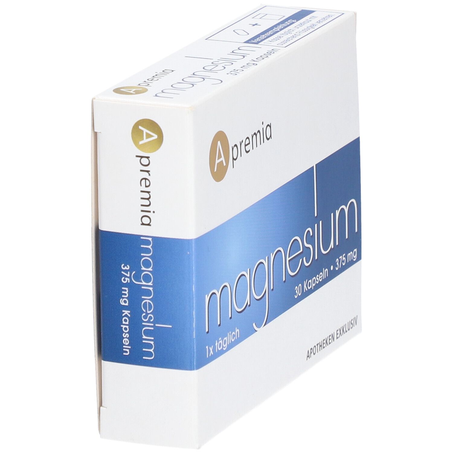 Apremia Magnesium Kapseln, Schachtel schräg. Blaue und weiße Verpackung. Aufschrift: Magnesium, 30 Kapseln, 375 mg.