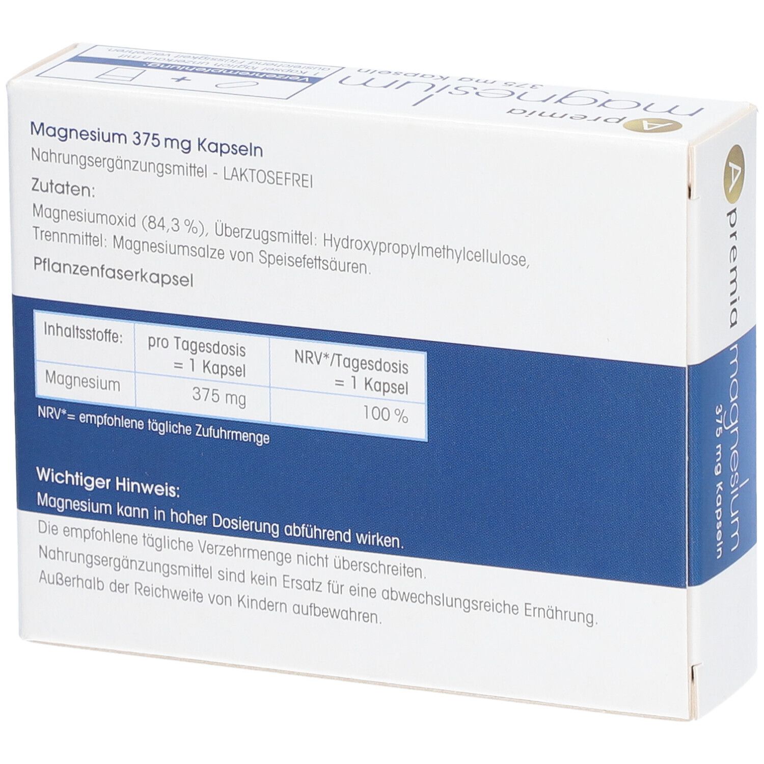 Rückseite der Apremia Magnesium Kapseln-Schachtel. Enthält Informationen zu Inhaltsstoffen und Nährwerten. Text in deutscher Sprache.