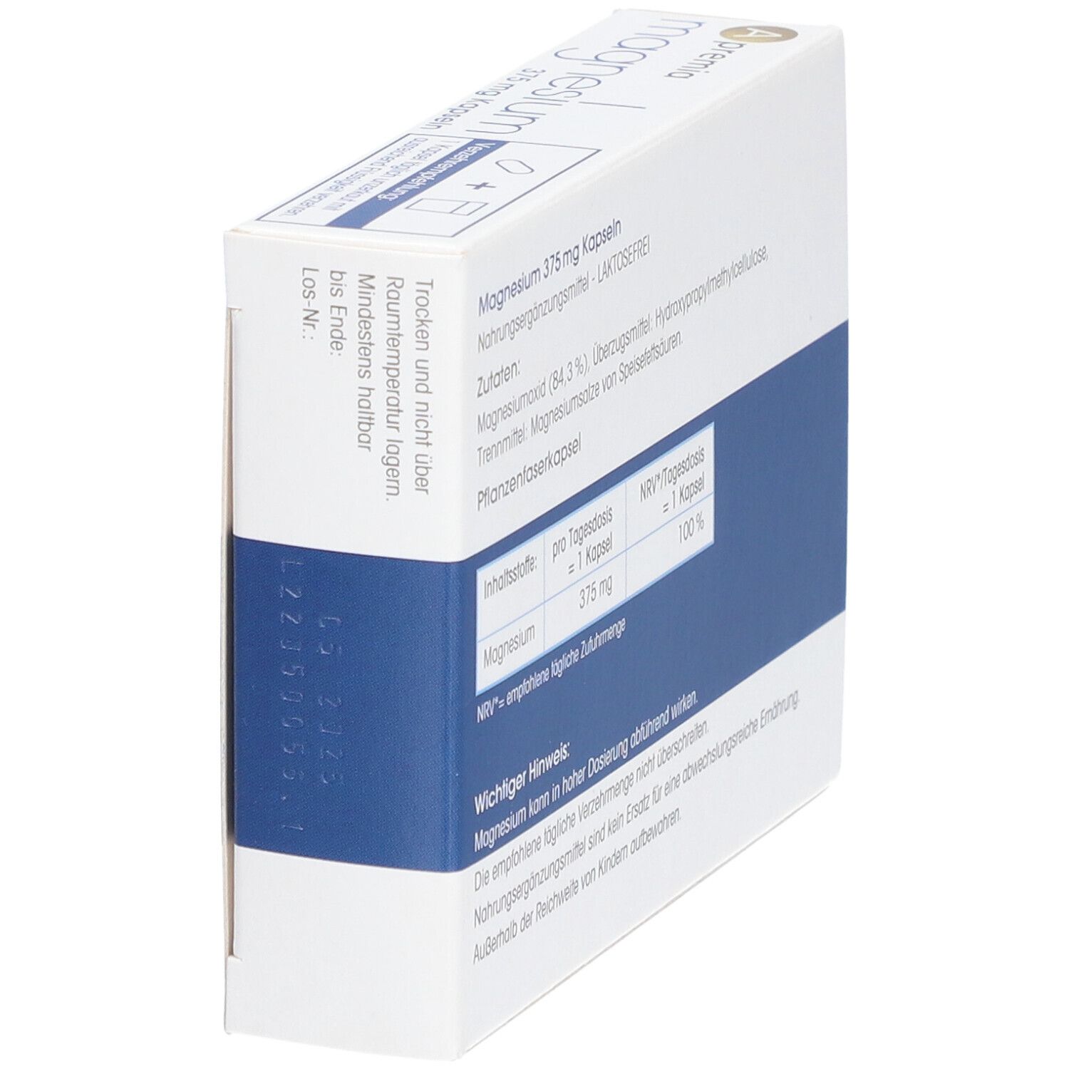 Seite der Apremia Magnesium Kapseln-Schachtel. Enthält Informationen zur Lagerung und Mindesthaltbarkeit. Text in deutscher Sprache.