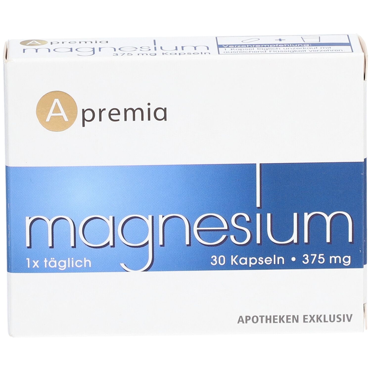 Apremia Magnesium Kapseln, Schachtel. Blaue und weiße Verpackung. Aufschrift: Magnesium, 30 Kapseln, 375 mg.