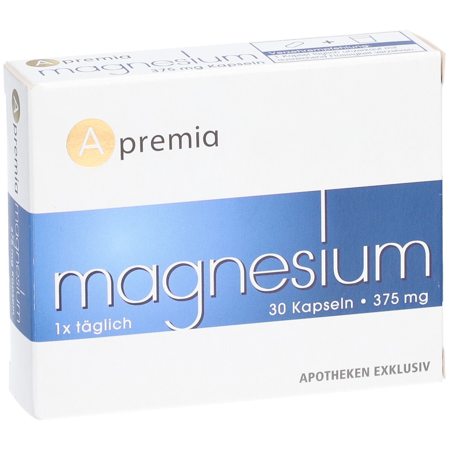Apremia Magnesium Kapseln, Schachtel. Blaue und weiße Verpackung. Aufschrift: Magnesium, 30 Kapseln, 375 mg.