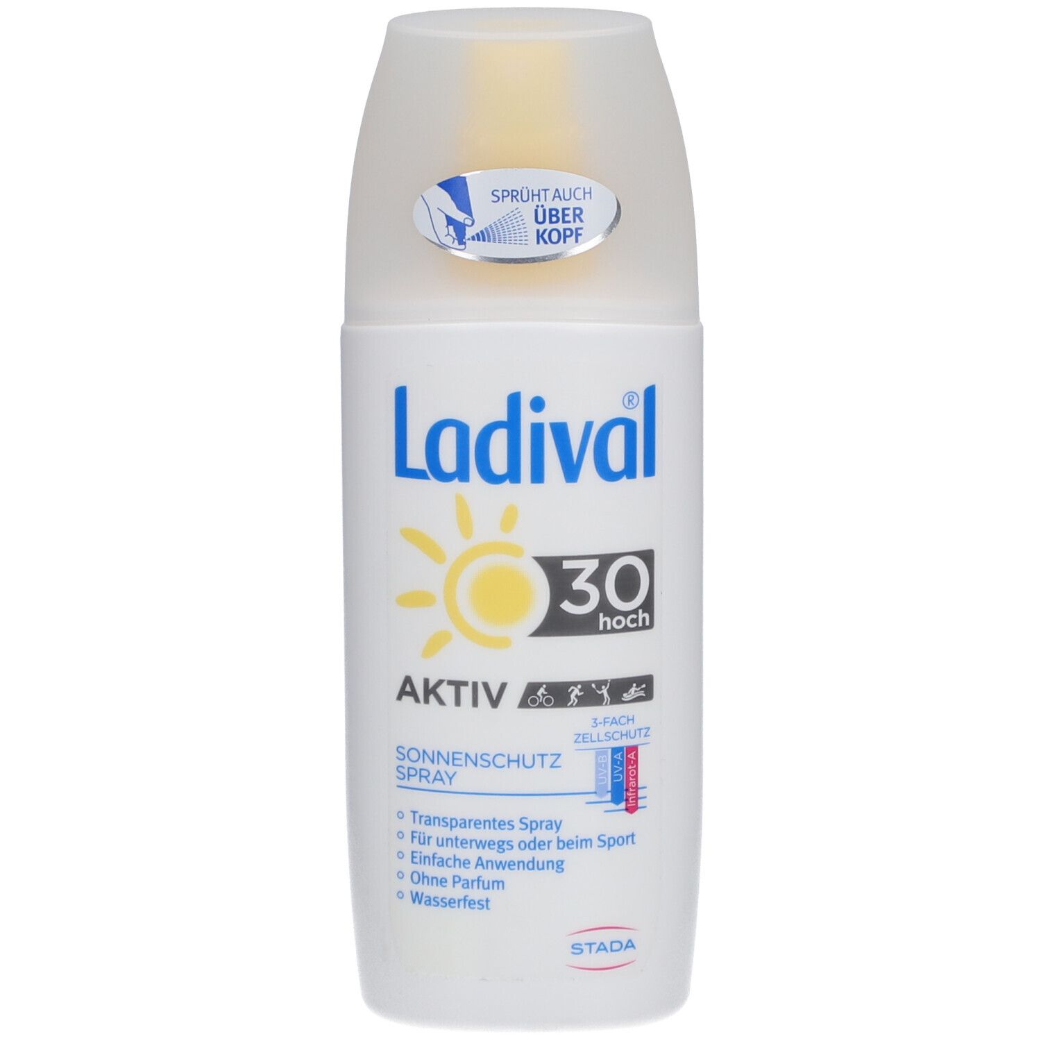 Ladival Aktiv Spray LSF 30. Weiße Flasche mit gelbem Deckel. Sonnenschutz-Spray mit Logo und Text.