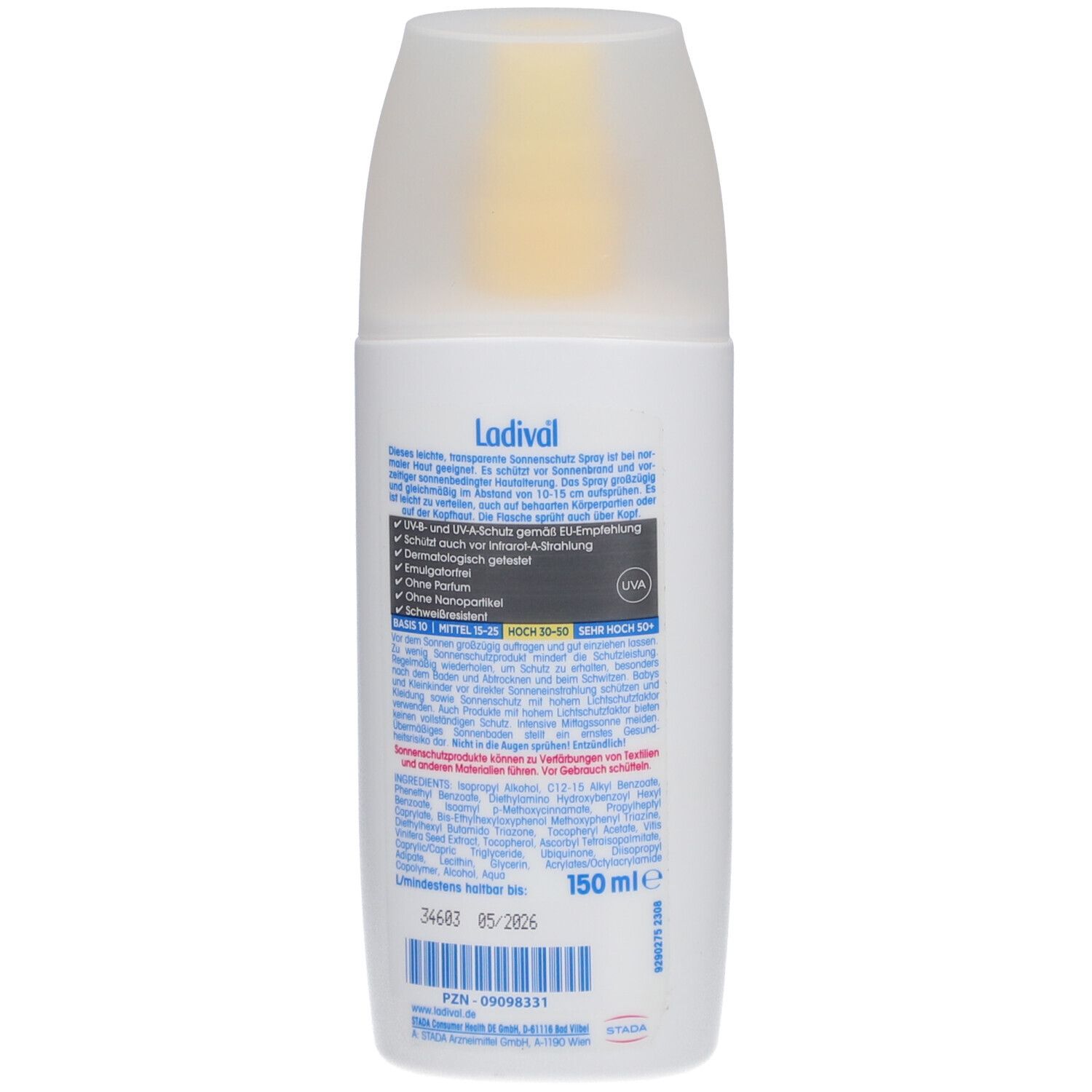 Ladival Aktiv Spray LSF 30. Rückseite der Flasche mit Text und Informationen. 150 ml.
