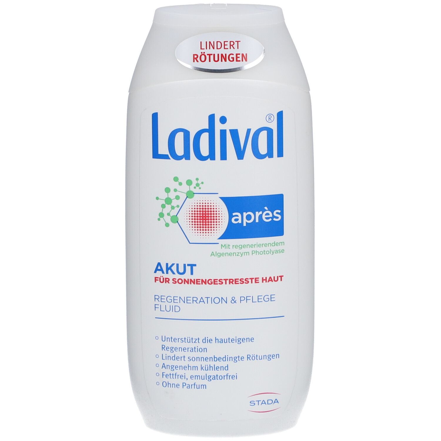 Ladival après Akut Regeneration & Pflege Fluid. Weiße Flasche mit blauem und rotem Etikett. Text: Lindert Rötungen, Akut für sonnengestresste Haut.