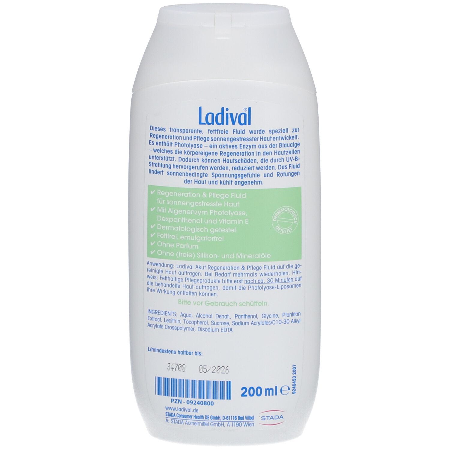 Ladival après Akut Regeneration & Pflege Fluid. Rückseite der weißen Flasche. Text und grüne Markierungen. 200 ml.