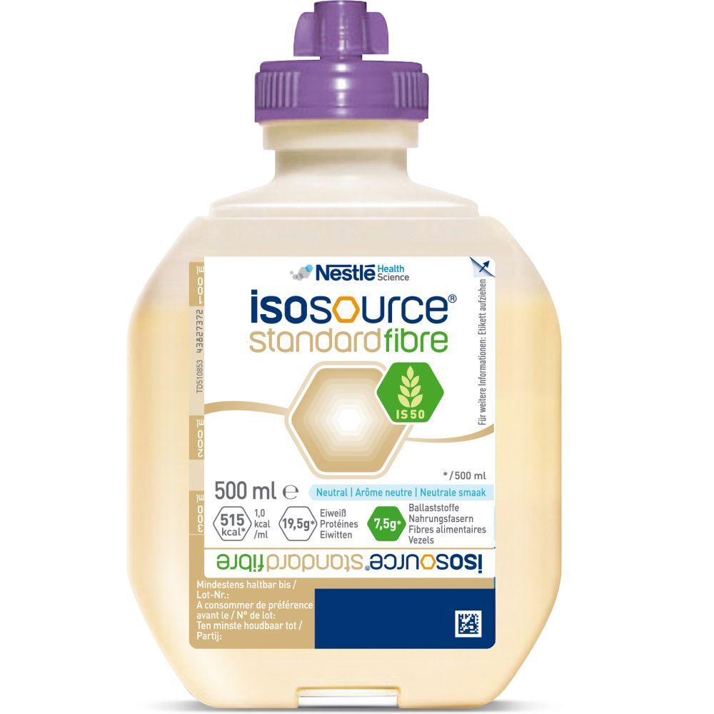 Nestlé Isosource Standard Fibre, 500 ml Flasche. Neutraler Geschmack. Mit Fasern. Lila Verschluss.