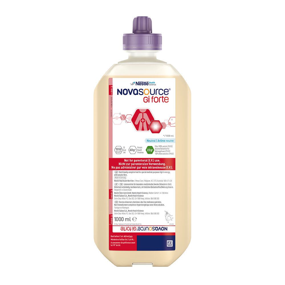 Nestlé Novasource GI forte Flasche. Beige Flüssigkeit, lila Verschluss. Etikett mit Produktinformationen und Logo.