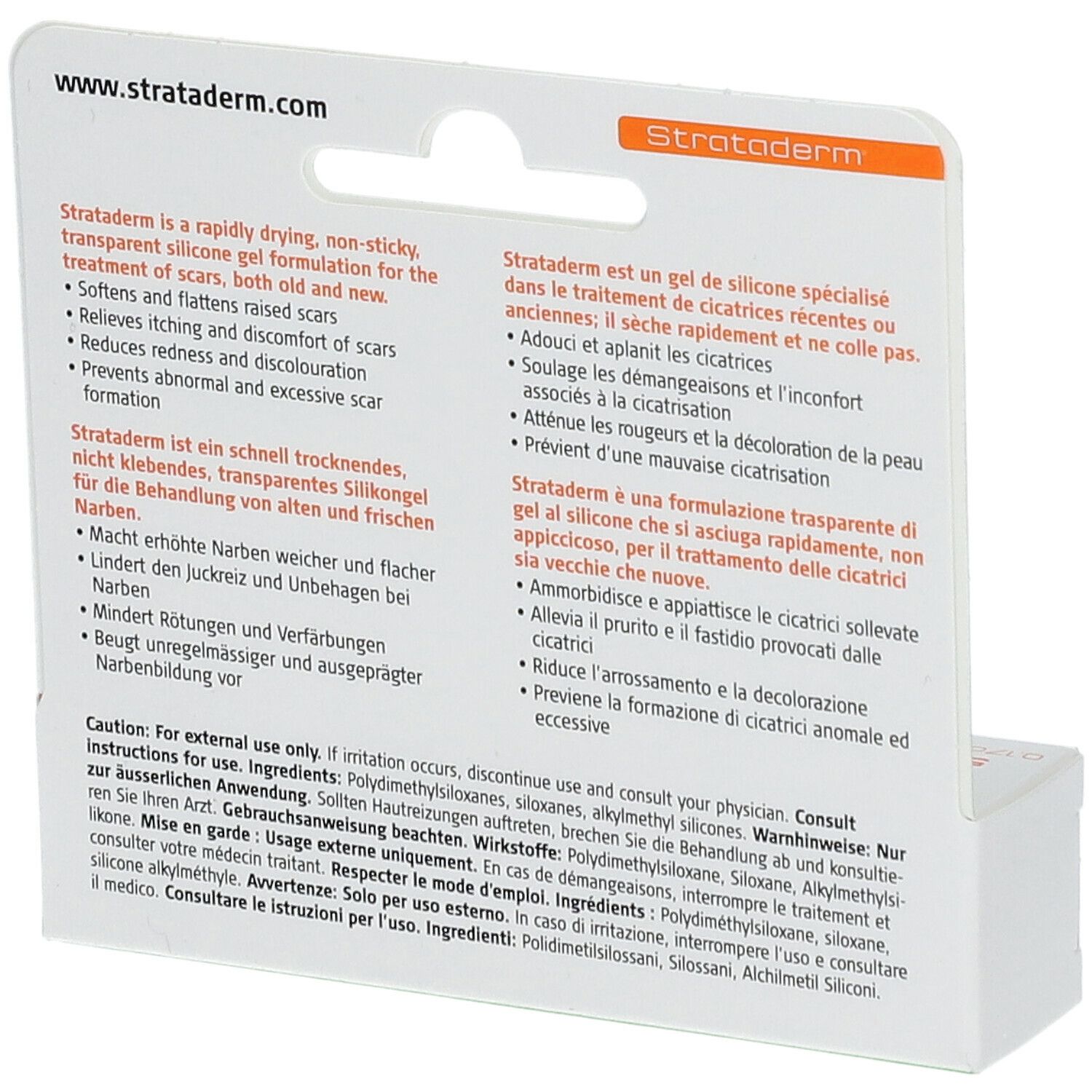 Rückseite der Strataderm Verpackung. Text: Informationen zur Anwendung und Inhaltsstoffe. Mehrsprachig.