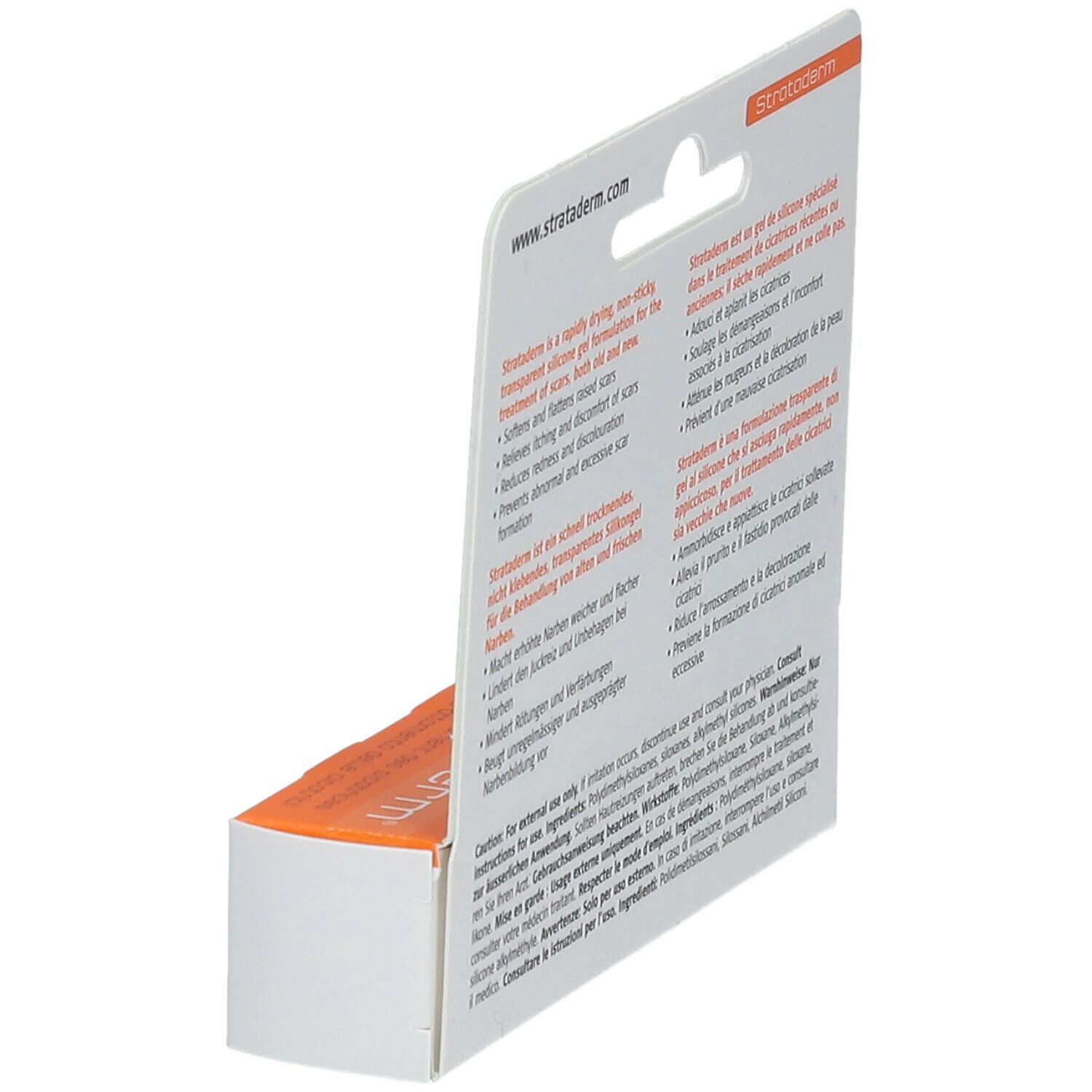 Seitenansicht der Strataderm Verpackung. Text: Informationen zur Anwendung und Inhaltsstoffe.