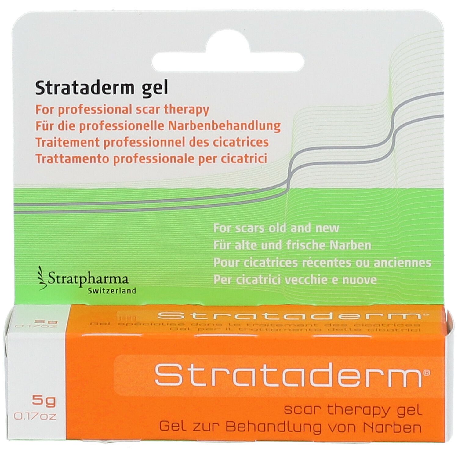 Strataderm Gel in Verpackung. Orangefarbene Tube und weiße Verpackung. Text: Narbenbehandlung.