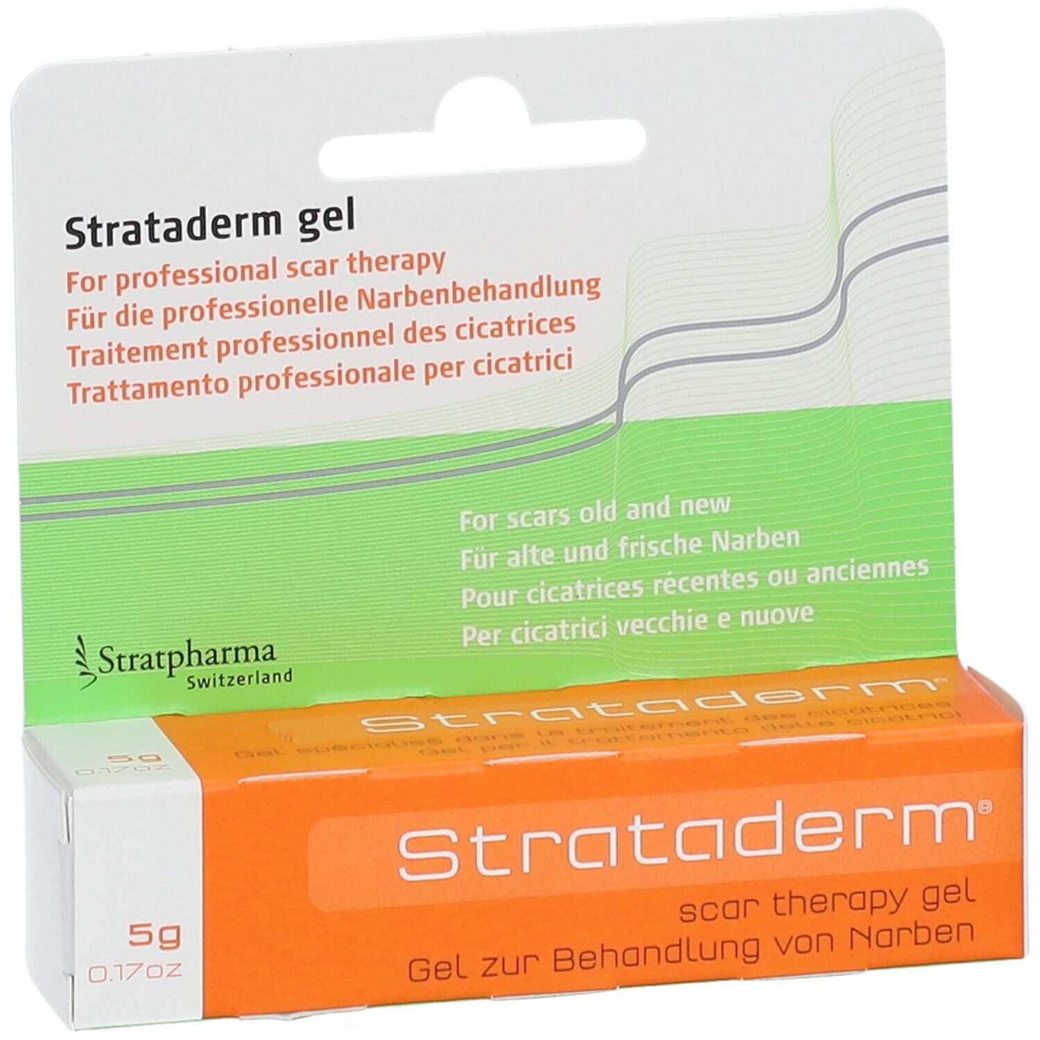 Verpackung mit Strataderm Gel. Orangefarbene Tube mit weißer Verpackung. Text: Narbenbehandlung.