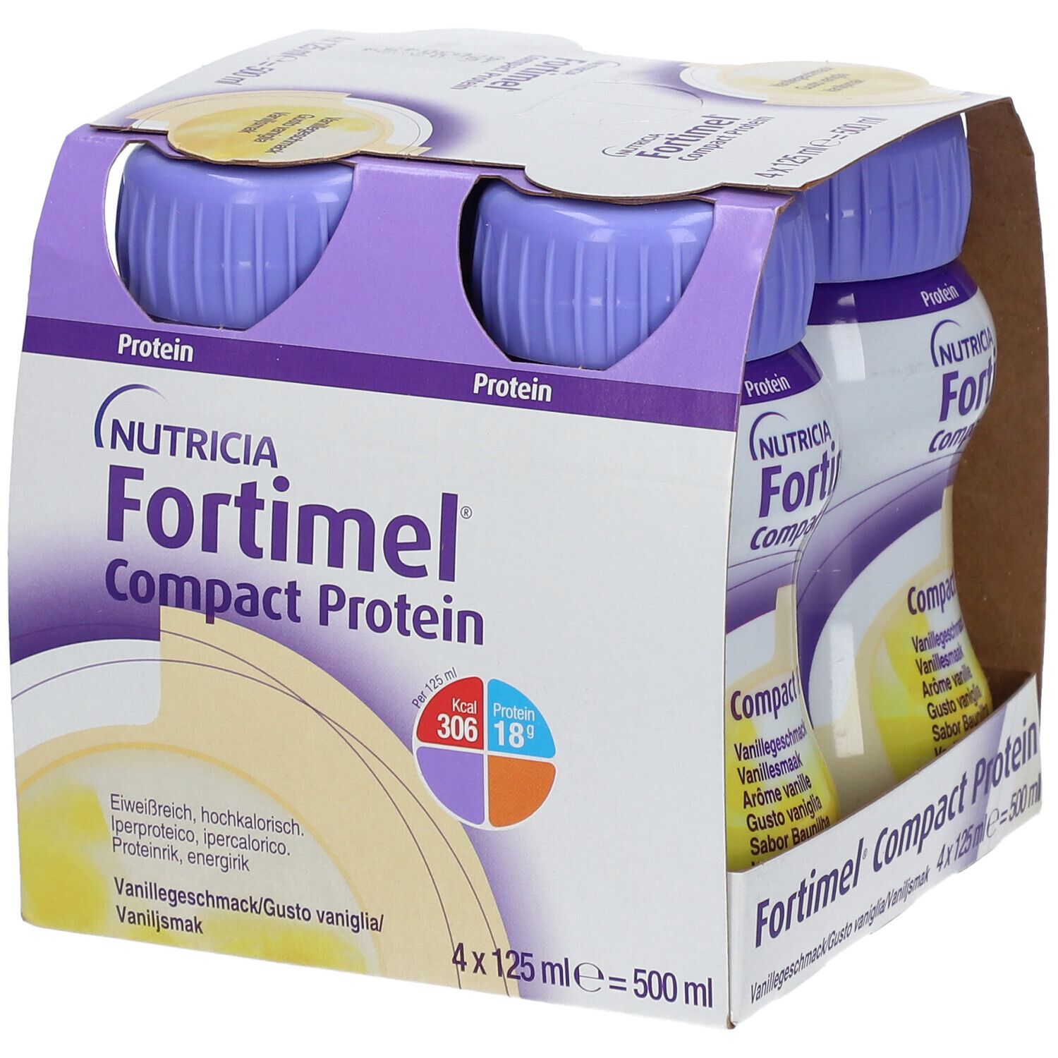 Packung mit vier Flaschen Fortimel Compact Protein Vanille. Jede Flasche enthält 125 ml. Aufdrucke: Protein, 306 kcal, 18g.