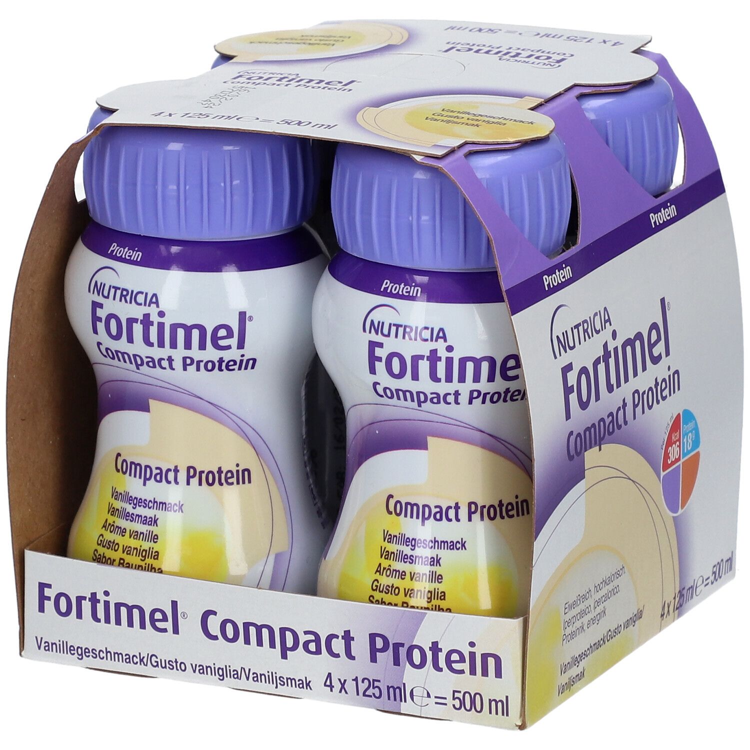 Packung mit vier Flaschen Fortimel Compact Protein Vanille. Jede Flasche enthält 125 ml. Aufdrucke: Protein, 306 kcal, 18g.