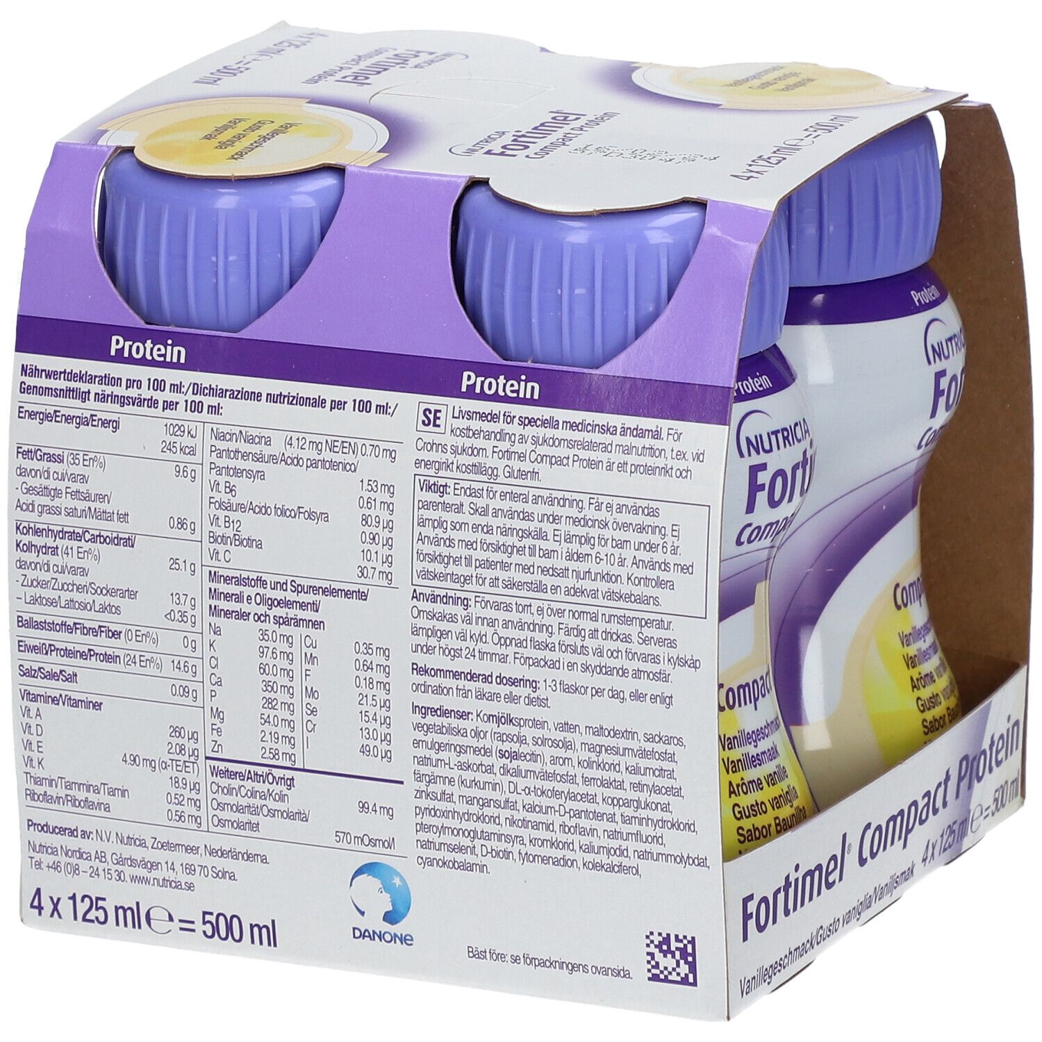 Packung mit vier Flaschen Fortimel Compact Protein Vanille. Jede Flasche enthält 125 ml. Aufdrucke: Protein, 306 kcal, 18g.