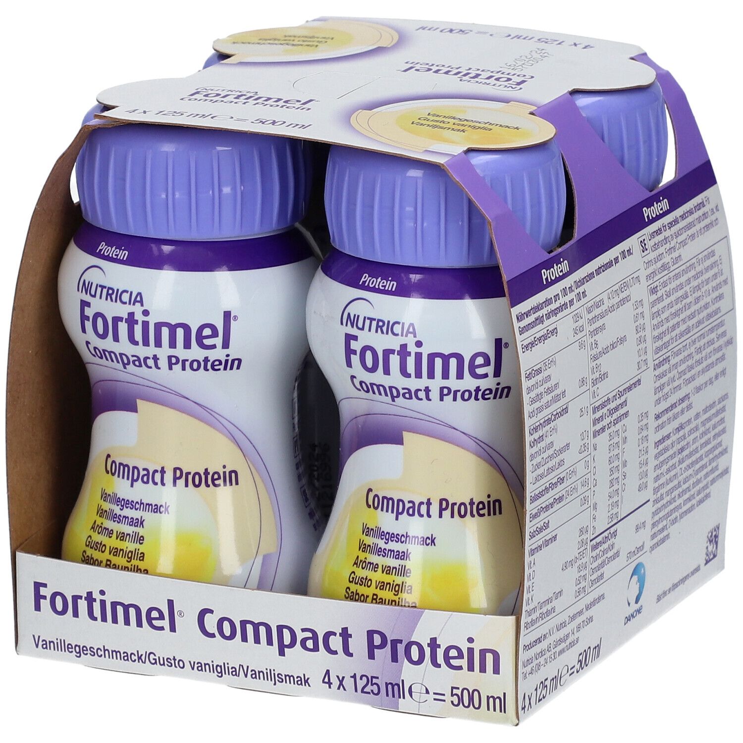 Packung mit vier Flaschen Fortimel Compact Protein Vanille. Jede Flasche enthält 125 ml. Aufdrucke: Protein, 306 kcal, 18g.
