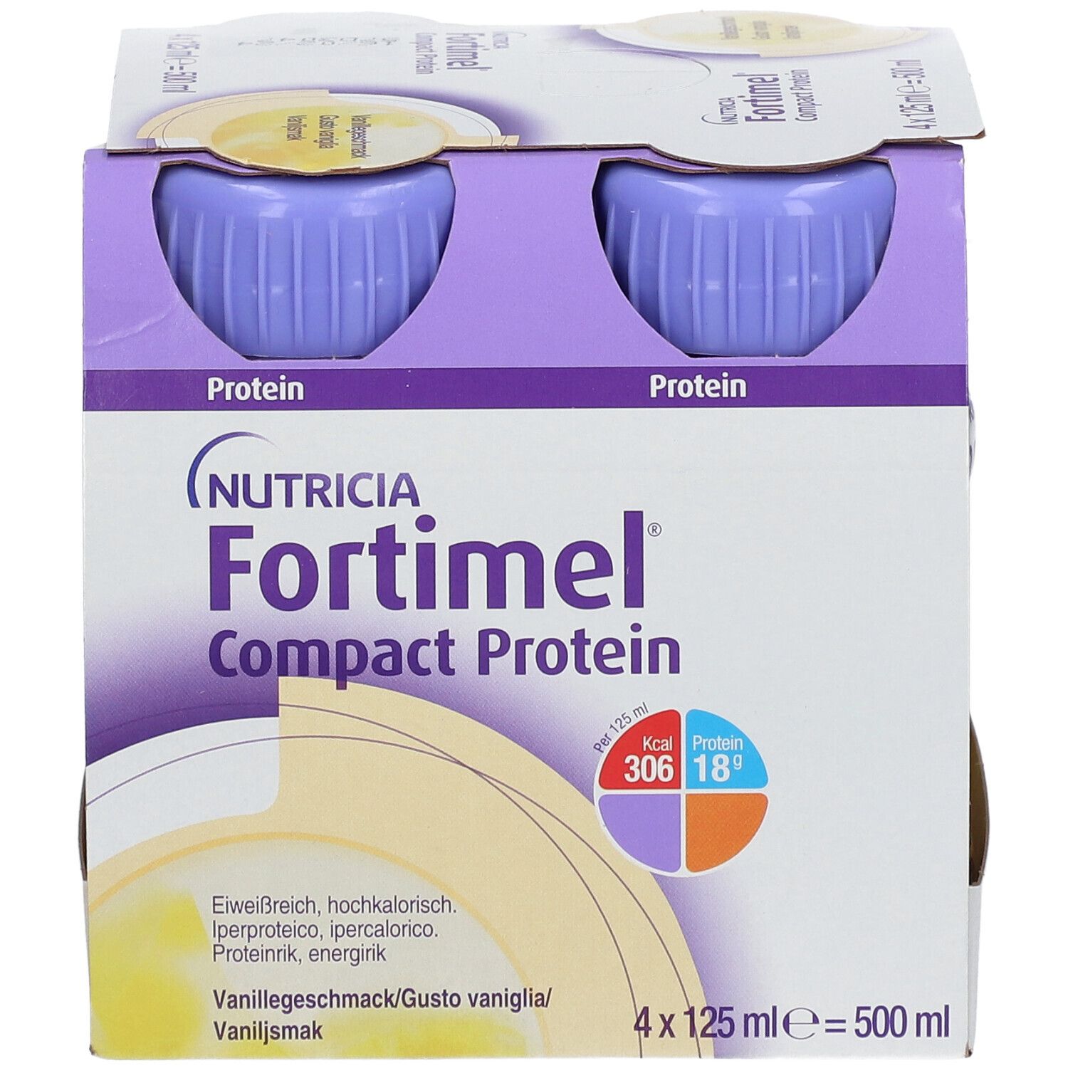 Packung mit vier Flaschen Fortimel Compact Protein Vanille. Jede Flasche enthält 125 ml. Aufdrucke: Protein, 306 kcal, 18g.