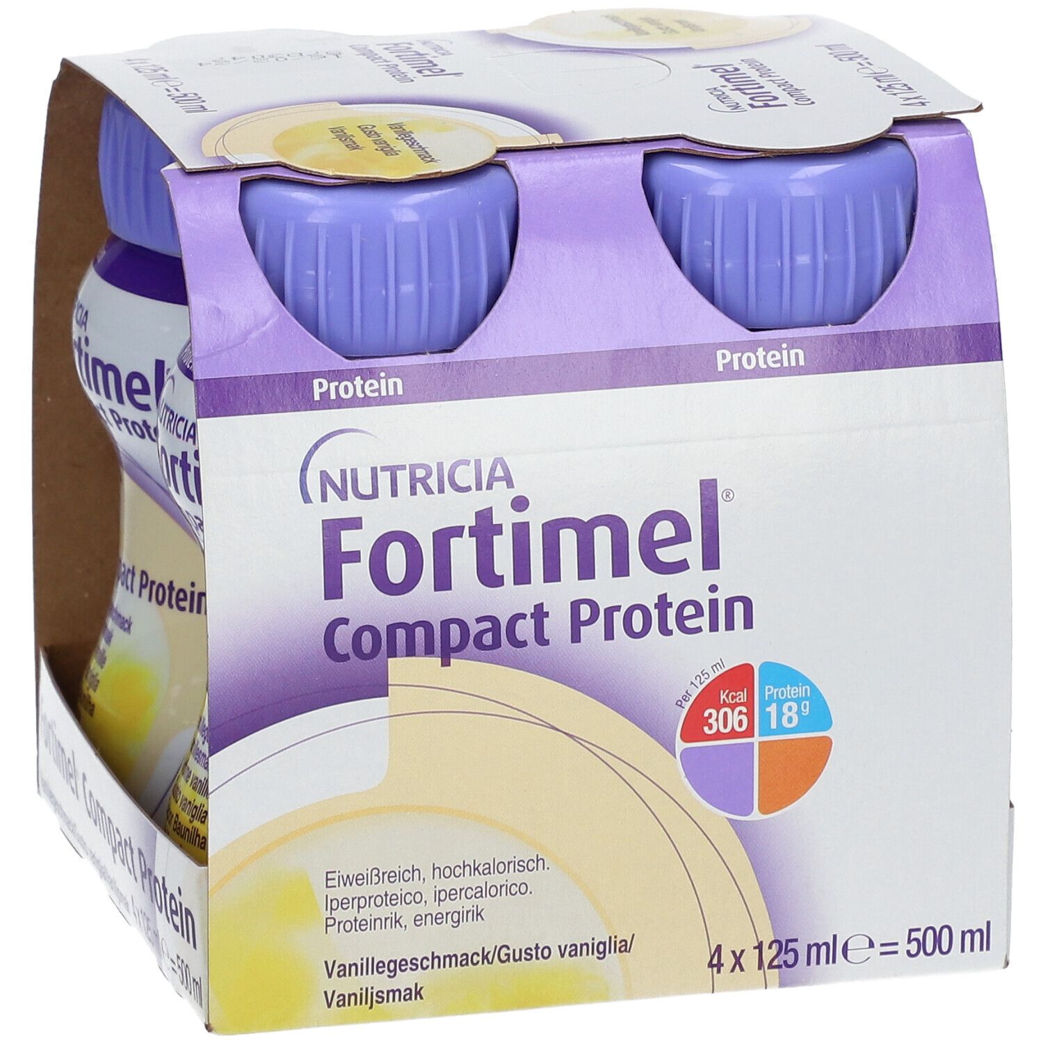 Packung mit vier Flaschen Fortimel Compact Protein Vanille. Jede Flasche enthält 125 ml. Aufdrucke: Protein, 306 kcal, 18g.