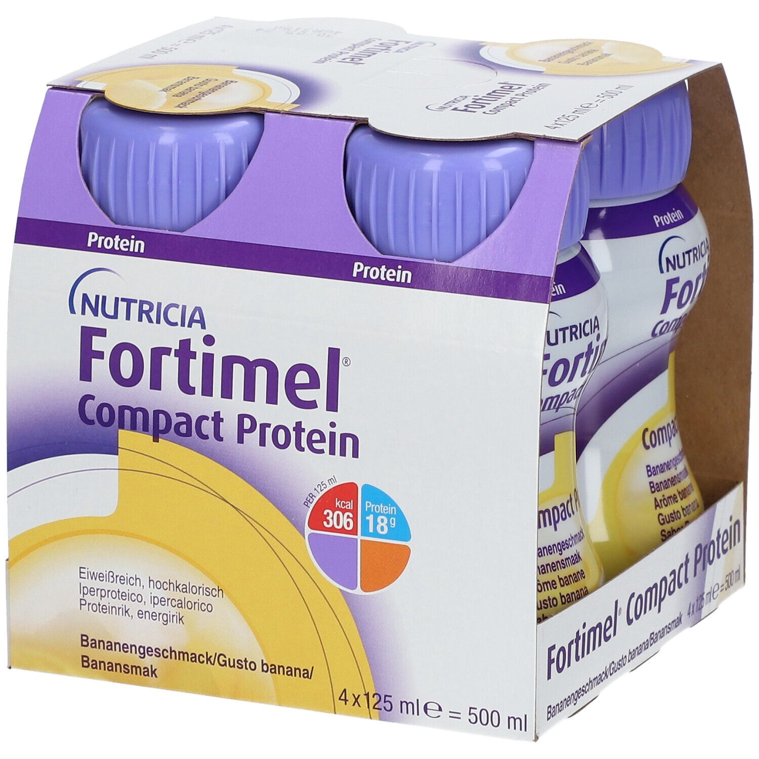 Packung mit vier Flaschen Fortimel Compact Protein Banane. Jede Flasche hat einen lila Deckel. Aufdrucke: Nutricia, Protein, Bananengeschmack.