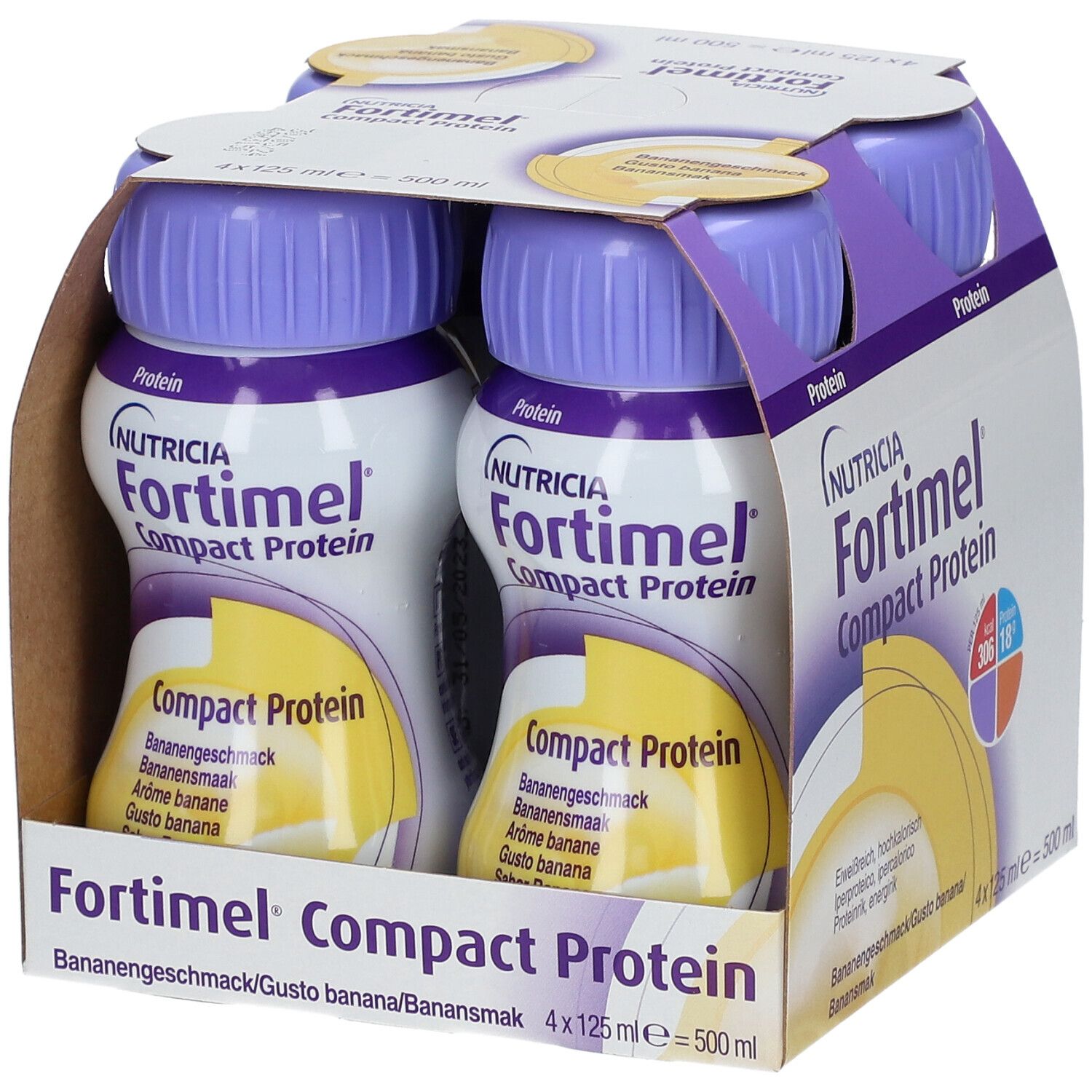 Packung mit vier Flaschen Fortimel Compact Protein Banane. Jede Flasche hat einen lila Deckel. Aufdrucke: Nutricia, Protein, Bananengeschmack.