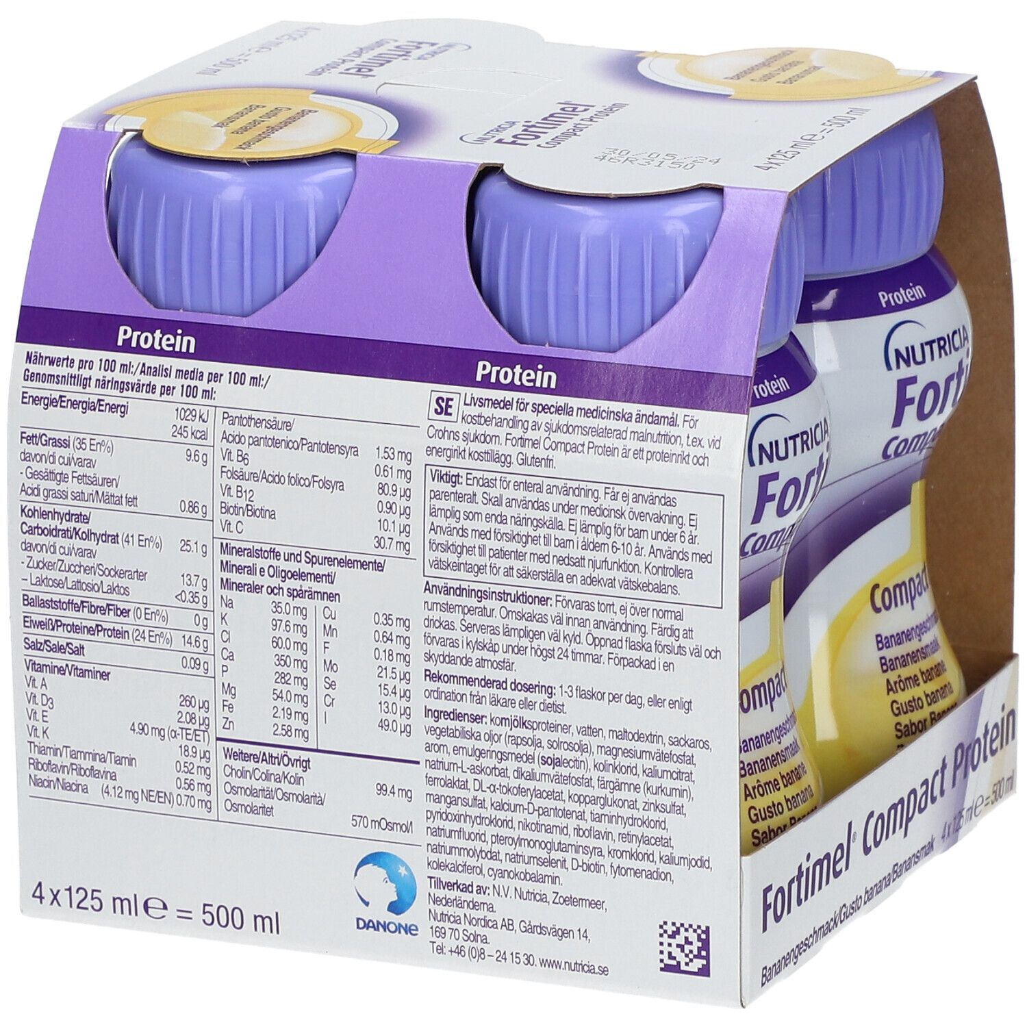 Packung mit vier Flaschen Fortimel Compact Protein Banane. Jede Flasche hat einen lila Deckel. Aufdrucke: Nutricia, Protein, Bananengeschmack.