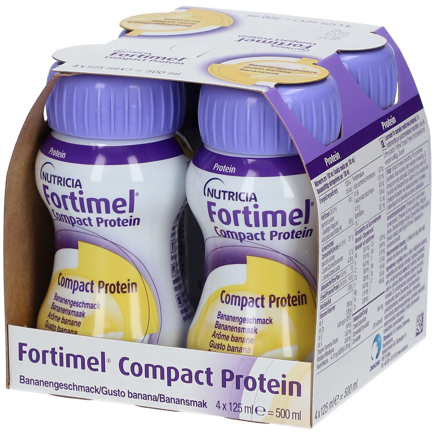 Packung mit vier Flaschen Fortimel Compact Protein Banane. Jede Flasche hat einen lila Deckel. Aufdrucke: Nutricia, Protein, Bananengeschmack.