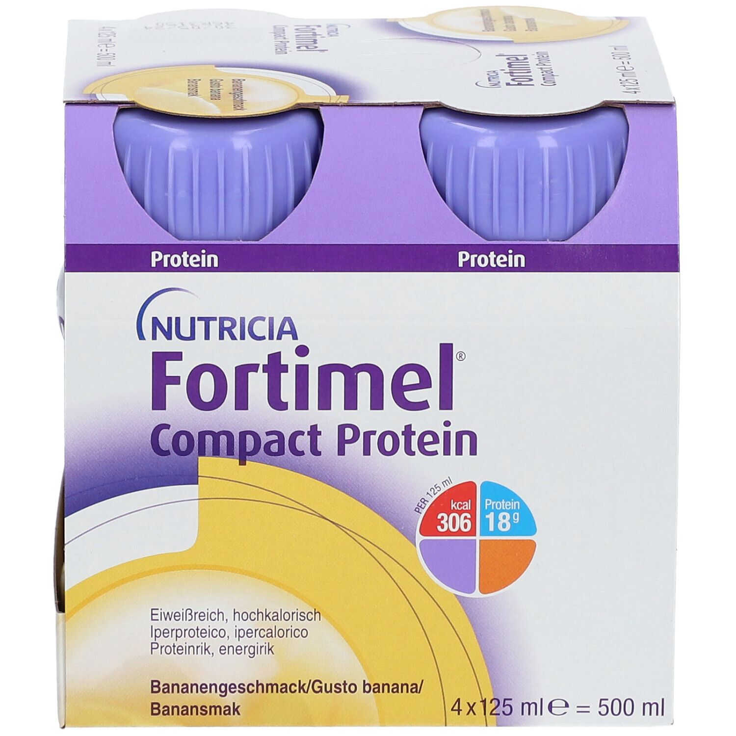 Packung mit vier Flaschen Fortimel Compact Protein Banane. Jede Flasche hat einen lila Deckel. Aufdrucke: Nutricia, Protein, Bananengeschmack.