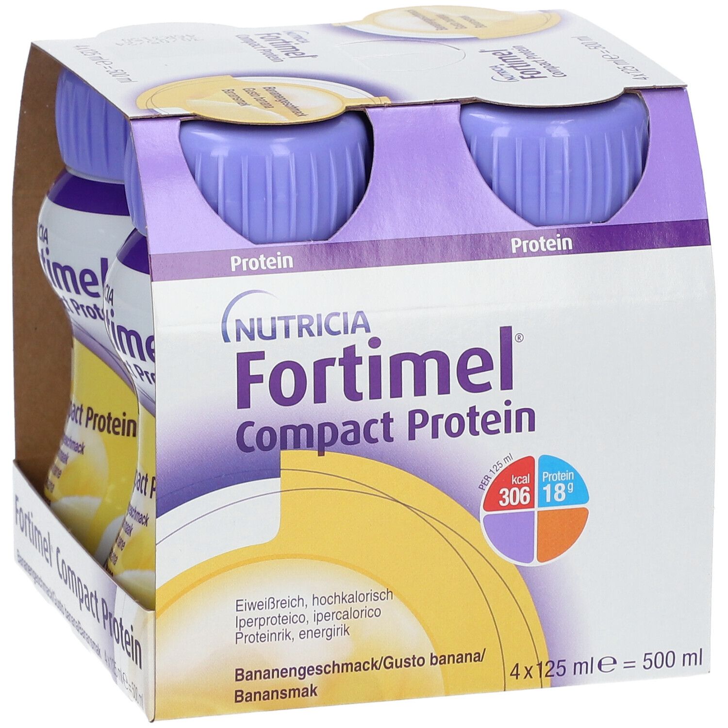 Packung mit vier Flaschen Fortimel Compact Protein Banane. Jede Flasche hat einen lila Deckel. Aufdrucke: Nutricia, Protein, Bananengeschmack.