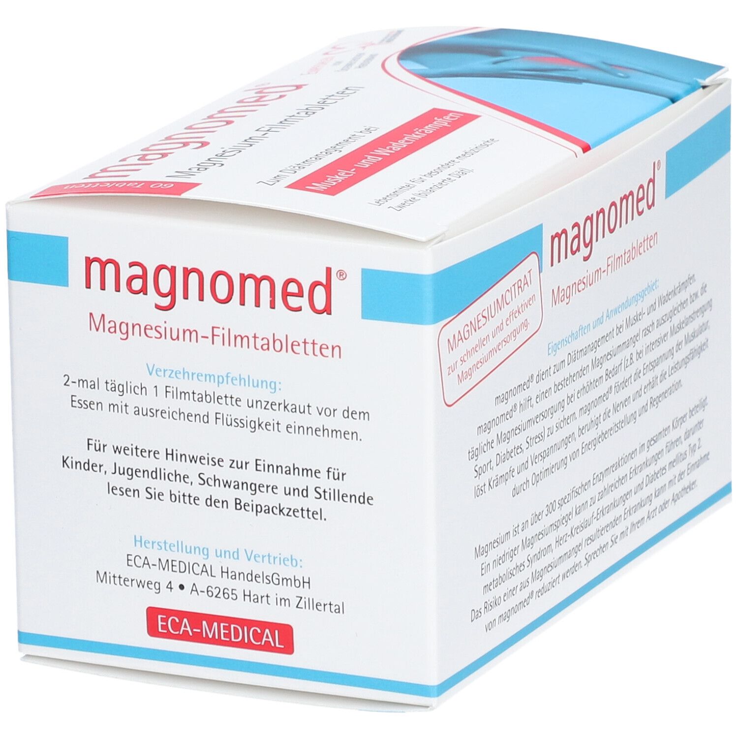 Boîte blanche avec "magnomed" et "Magnesium-Filmtabletten". Accents bleus et rouges. Instructions de dosage: 2 fois par jour 1 comprimé.