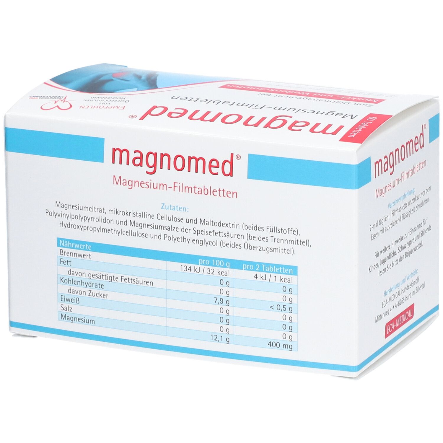 Boîte blanche avec "magnomed" et "Magnesium-Filmtabletten". Accents bleus et rouges. Tableau nutritionnel avec informations pour 100g et 2 comprimés.