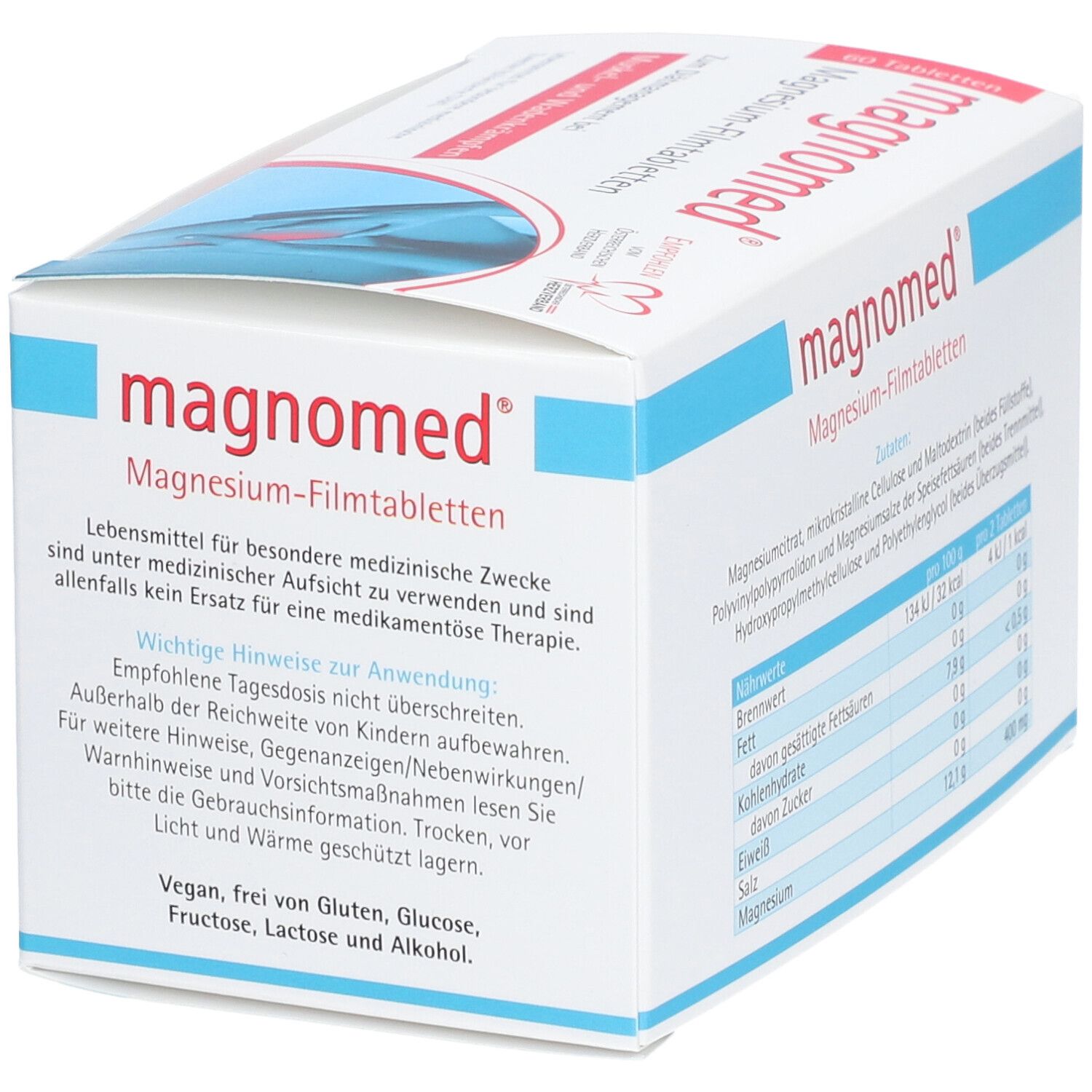 Boîte blanche avec "magnomed" et "Magnesium-Filmtabletten". Accents bleus et rouges. Texte sur les usages médicaux et les avertissements.