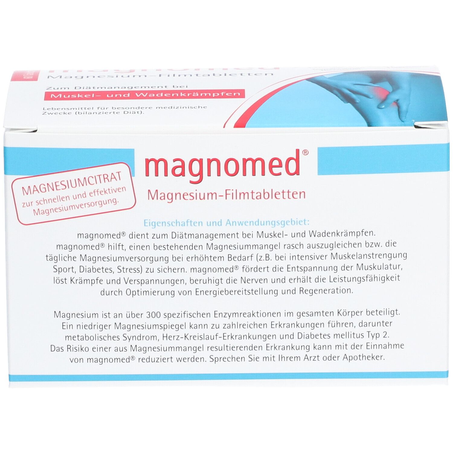 Boîte blanche avec "magnomed" et "Magnesium-Filmtabletten". Accents bleus et rouges. Texte sur les propriétés et les applications.