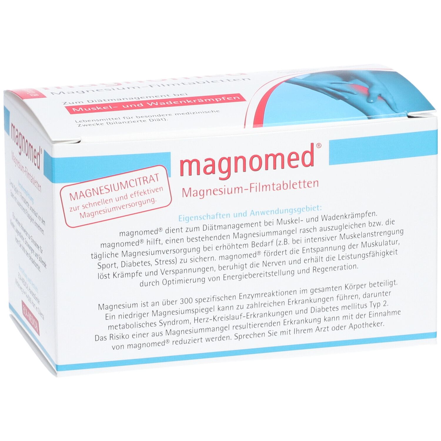 Boîte blanche avec "magnomed" et "Magnesium-Filmtabletten". Accents bleus et rouges. Texte sur les propriétés et les applications.