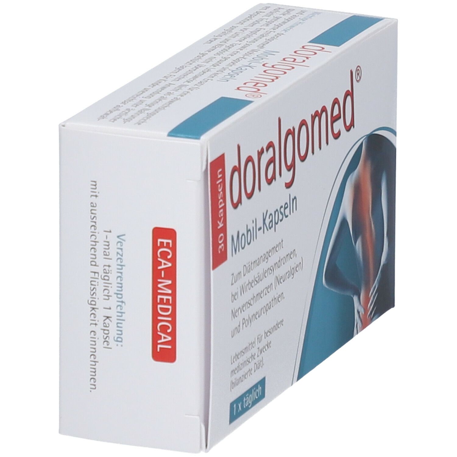Schachtel "doralgomed Mobil-Kapseln" in Schrägansicht. Aufdruck: 30 Kapseln, ECA-MEDICAL Logo, Verzehrempfehlung.