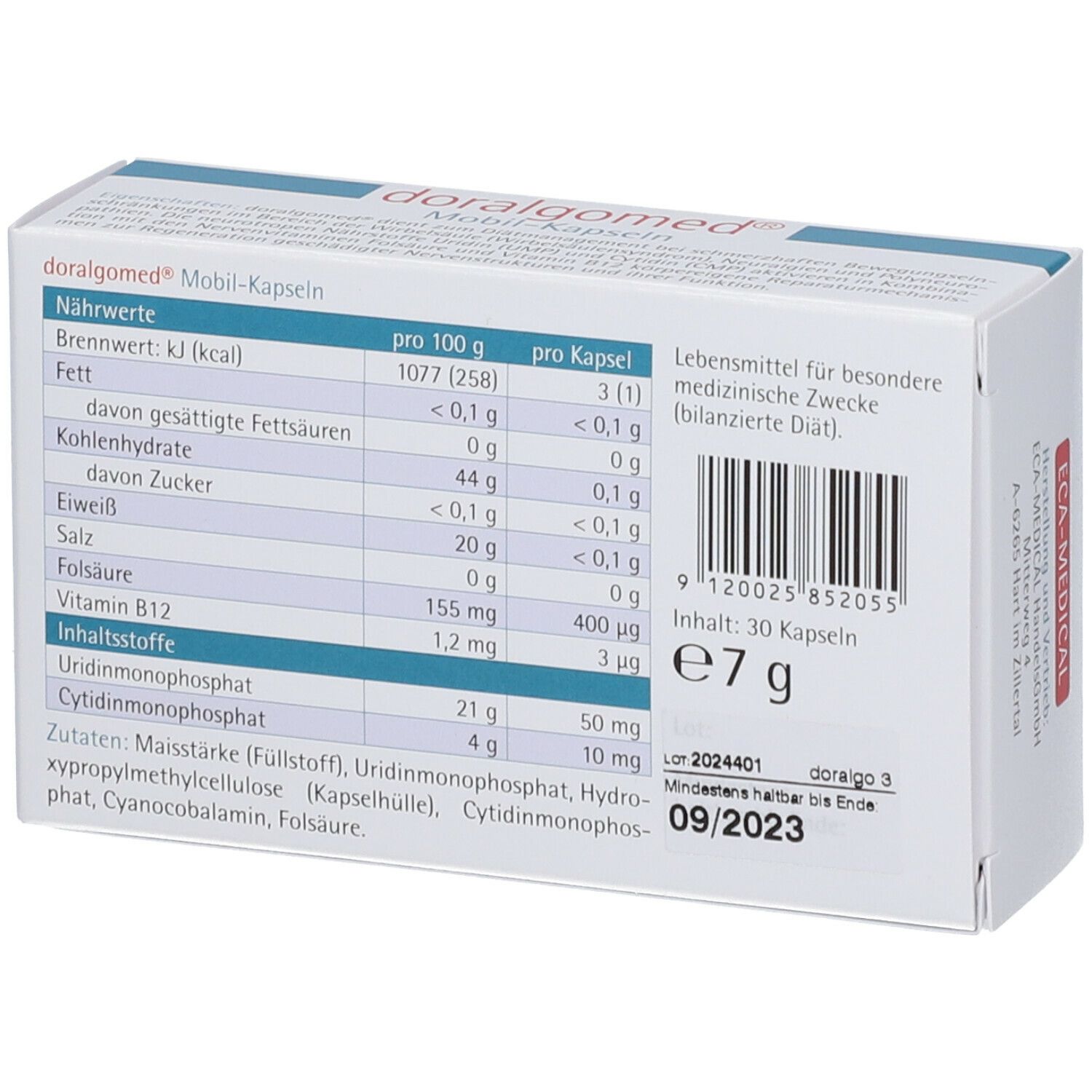 Rückseite der Schachtel "doralgomed Mobil-Kapseln". Enthält Nährwertangaben, Inhaltsstoffe, Barcode und Mindesthaltbarkeitsdatum.
